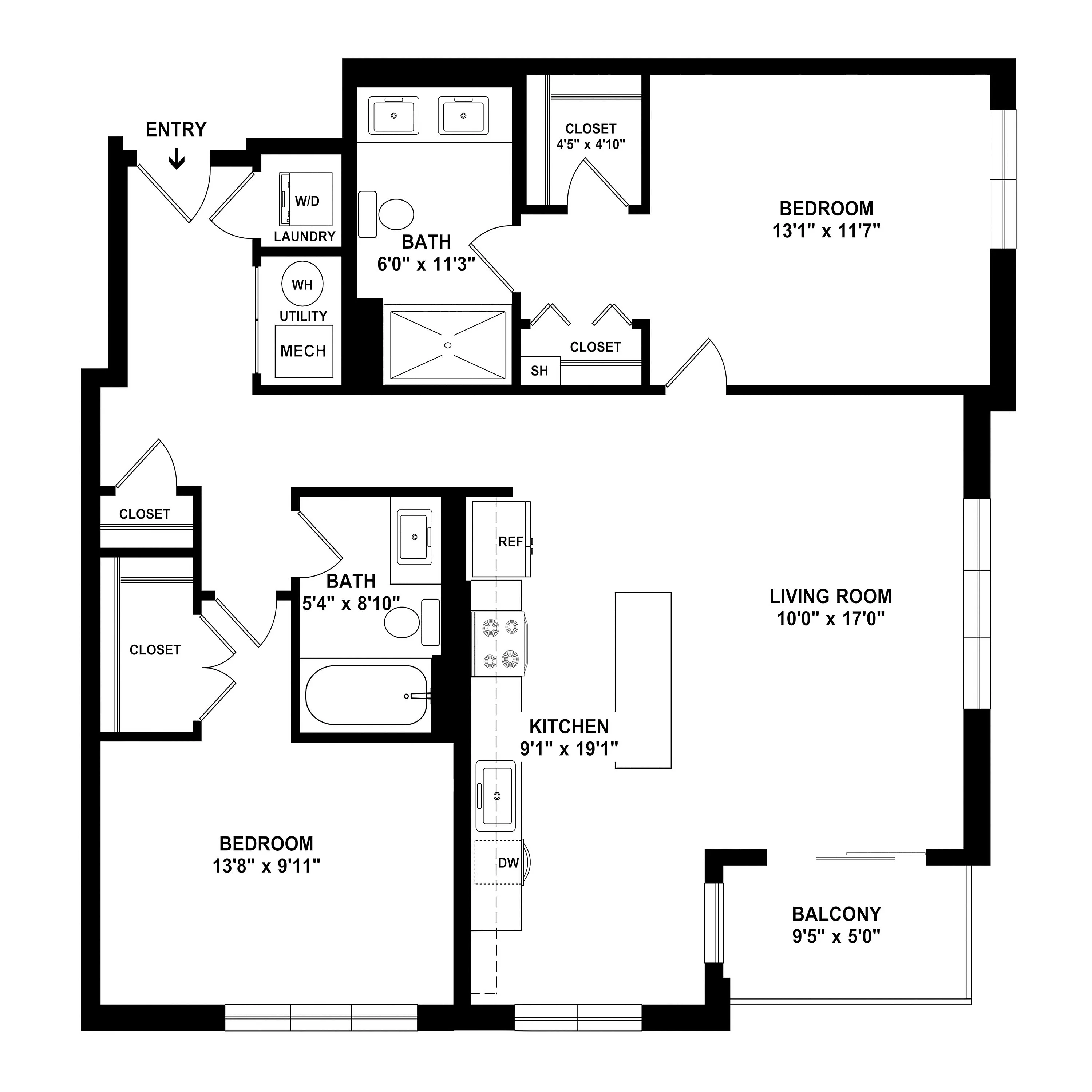 Contemporary floor plan featuring 2 spacious bedrooms, 2 elegant bathrooms, open-concept kitchen with island, generous living room, and a cozy balcony.