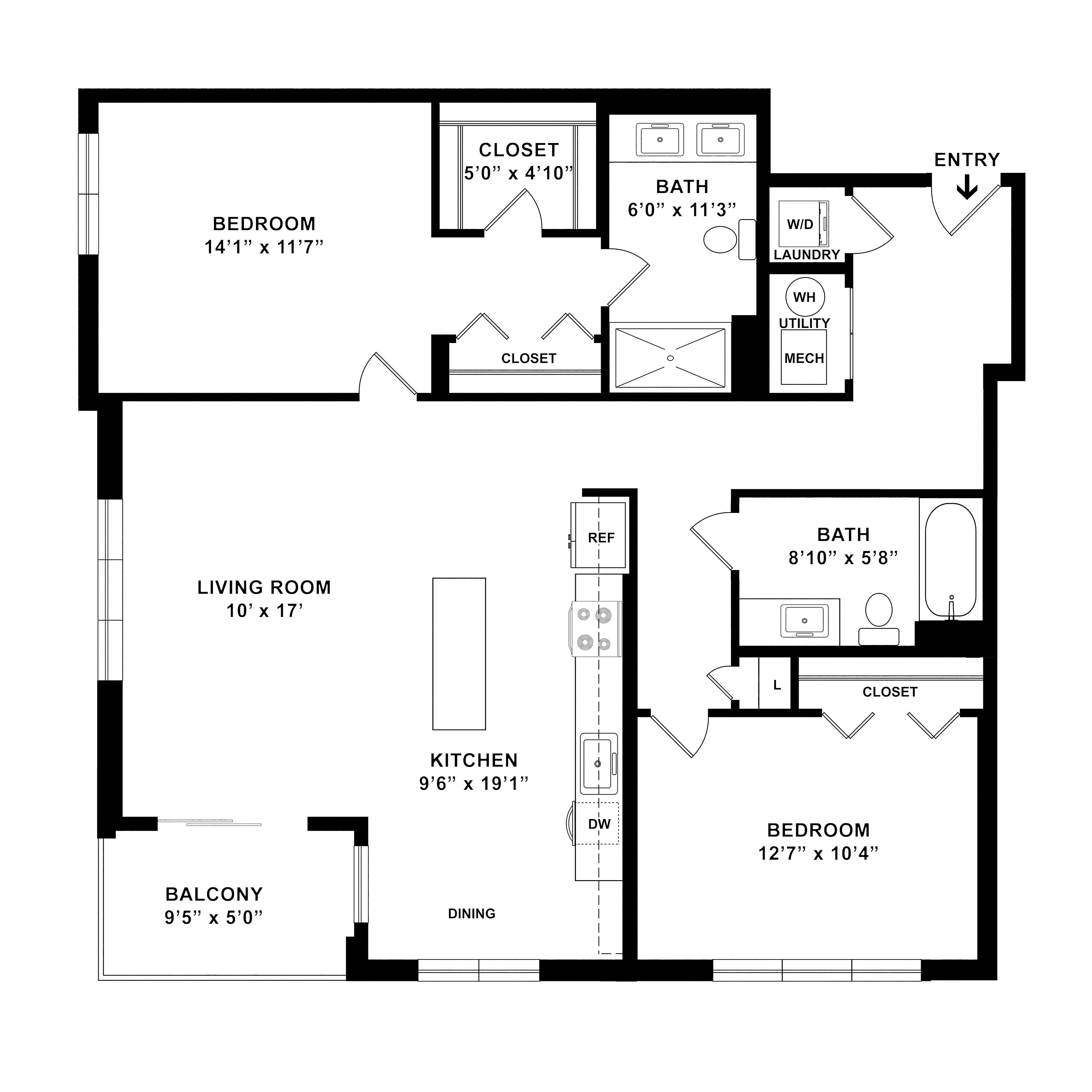 Modern floor plan showcasing an open kitchen with island, spacious living room, 2 bedrooms, 2 bathrooms, and a cozy balcony.