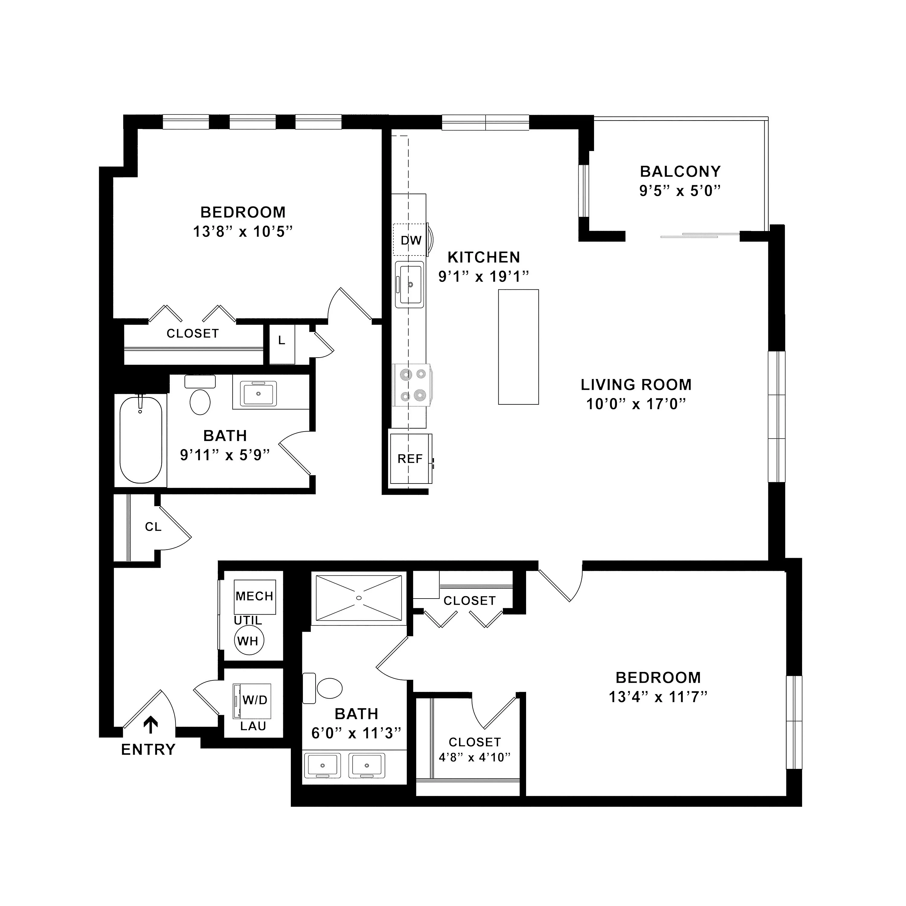 Elegant floor plan showcasing 2 bedrooms, modern kitchen, spacious living room, and balcony access, perfect for comfortable living.