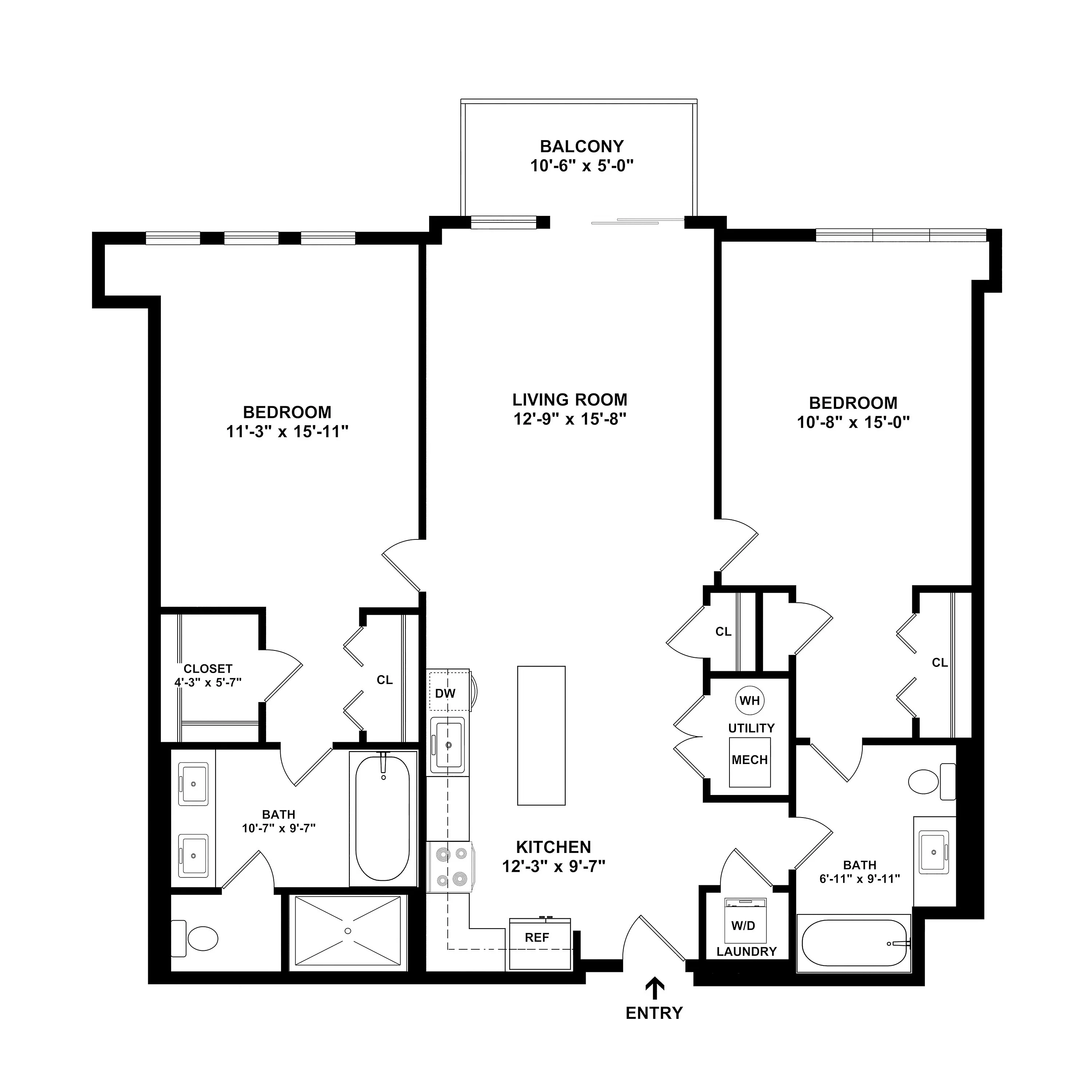 Chic apartment floor plan featuring 2 spacious bedrooms, an open living area, and a modern kitchen with island. Includes 2 bathrooms, a convenient laundry area, and a private balcony for relaxation.