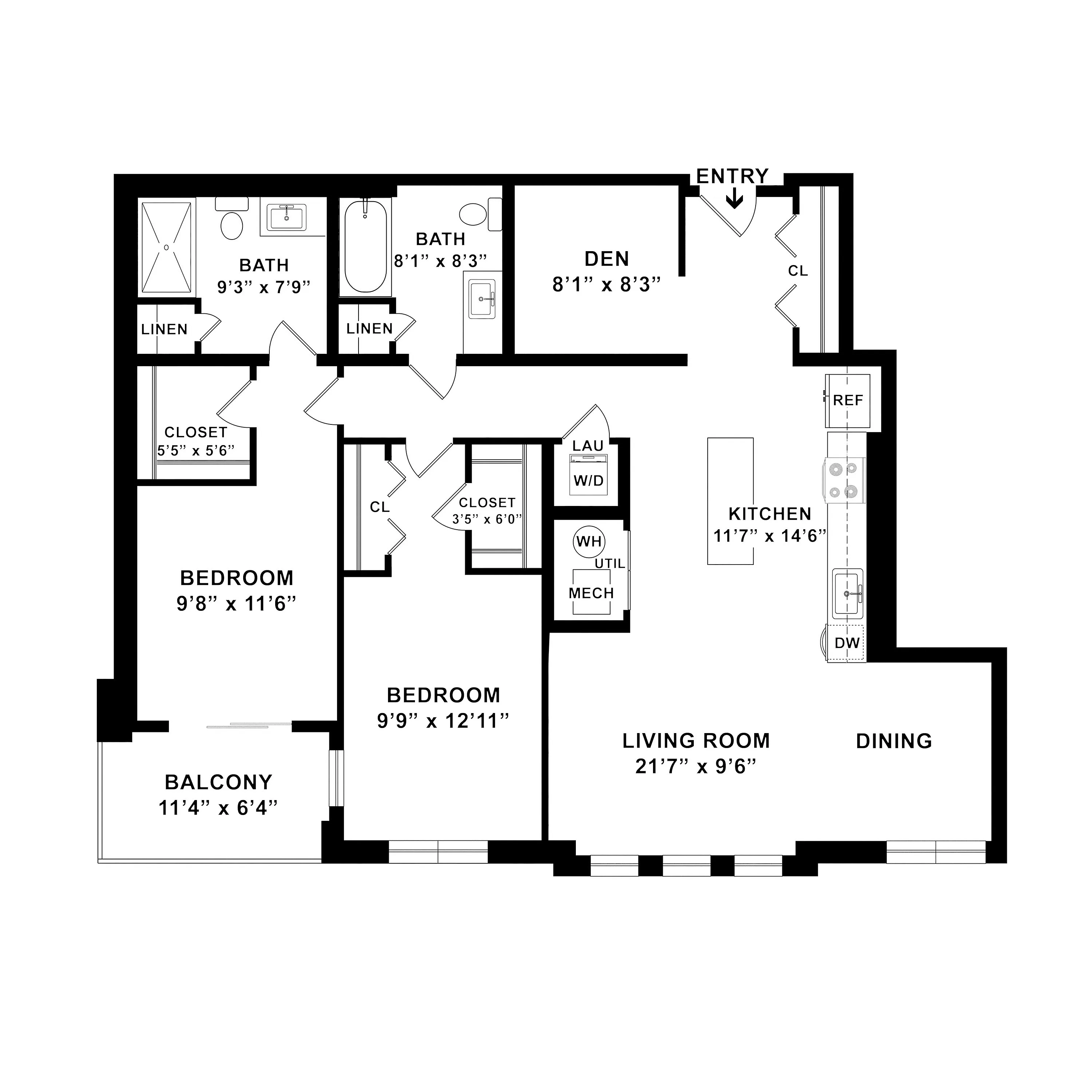 Spacious floor plan featuring 2 bedrooms, a den, open-concept living and dining area, modern kitchen, and private balcony.