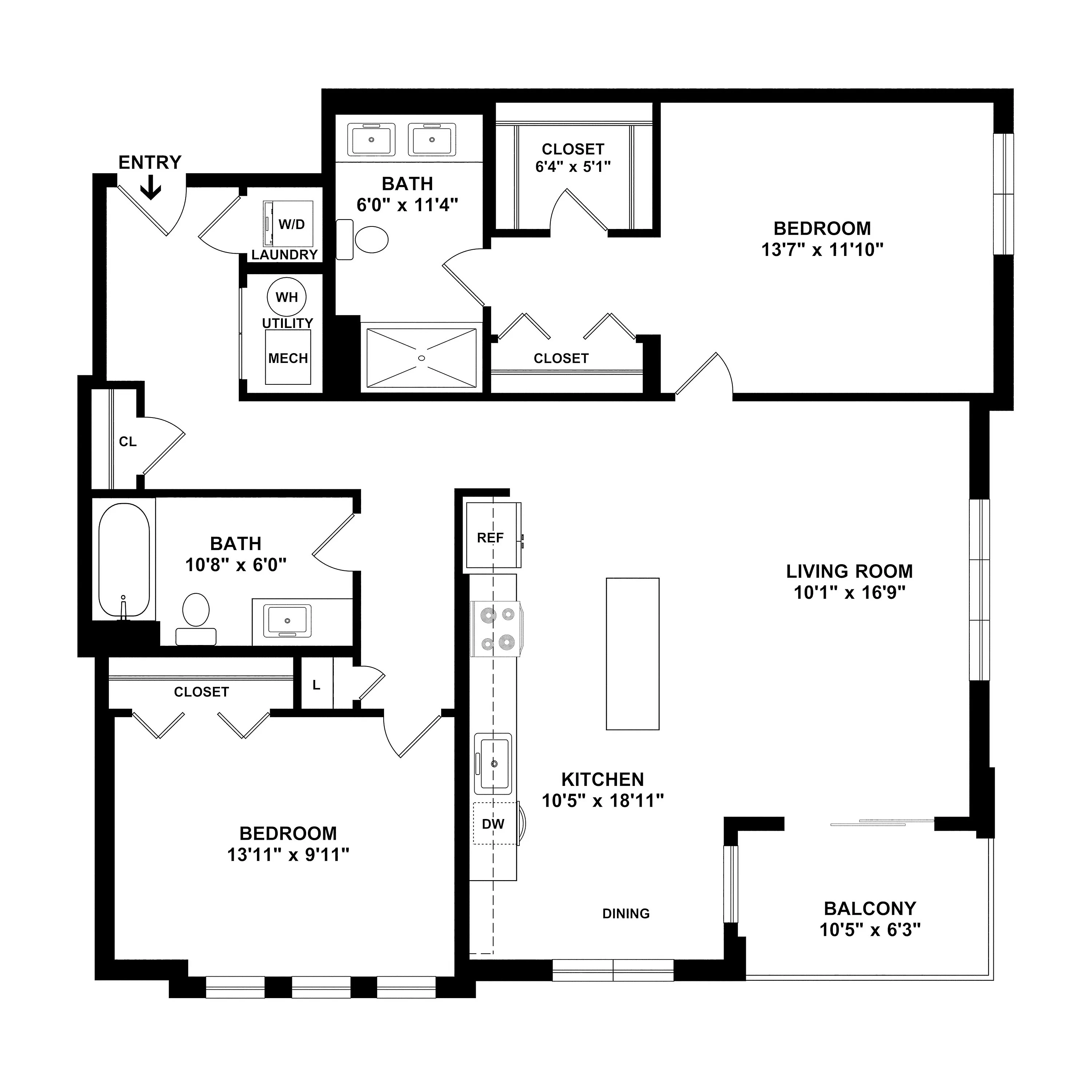 Elegant floor plan showcasing 2 spacious bedrooms, a modern kitchen, expansive living room, and a welcoming balcony.