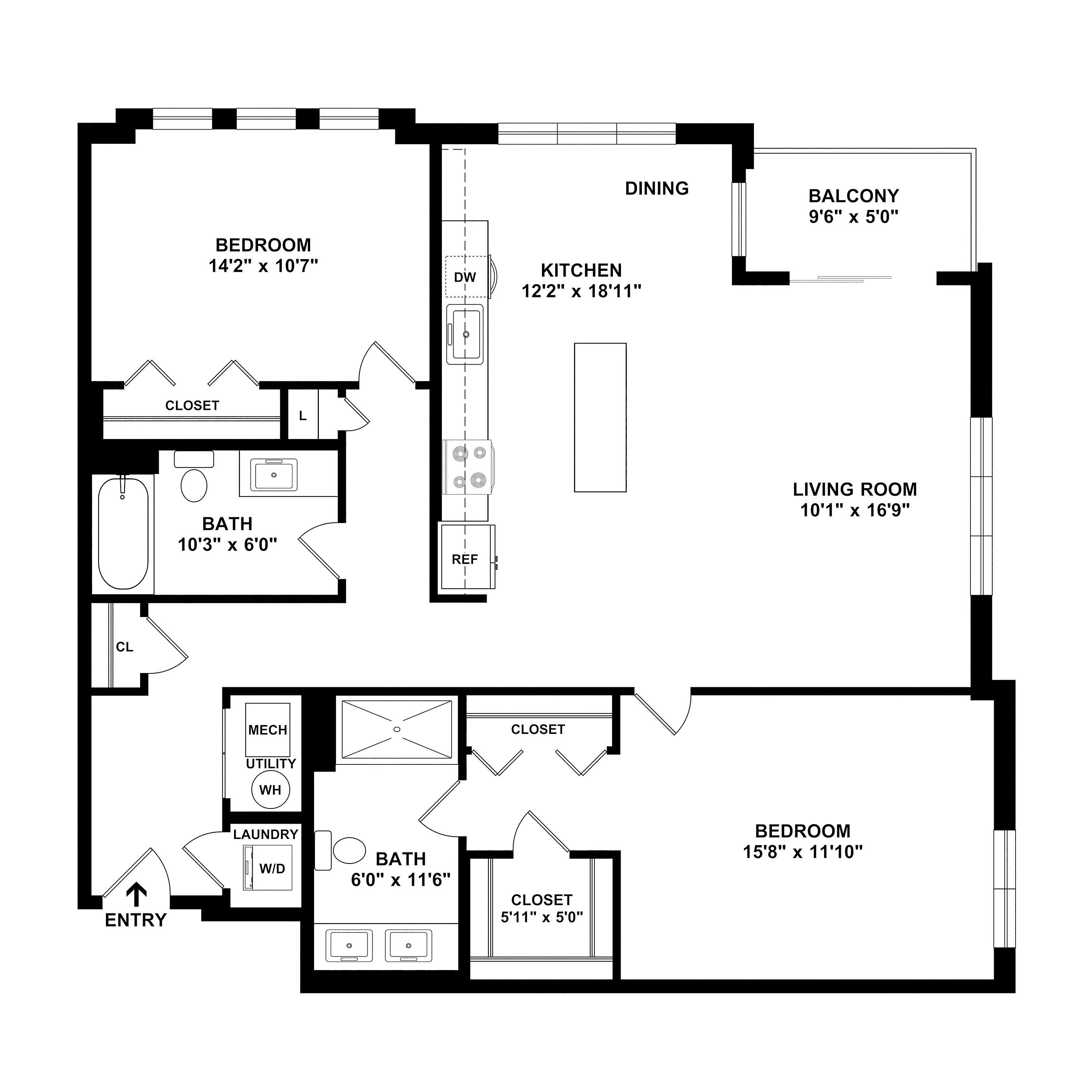Inviting 2-bedroom apartment floor plan with an open dining area, a modern kitchen, 2 bathrooms, and a cozy balcony.