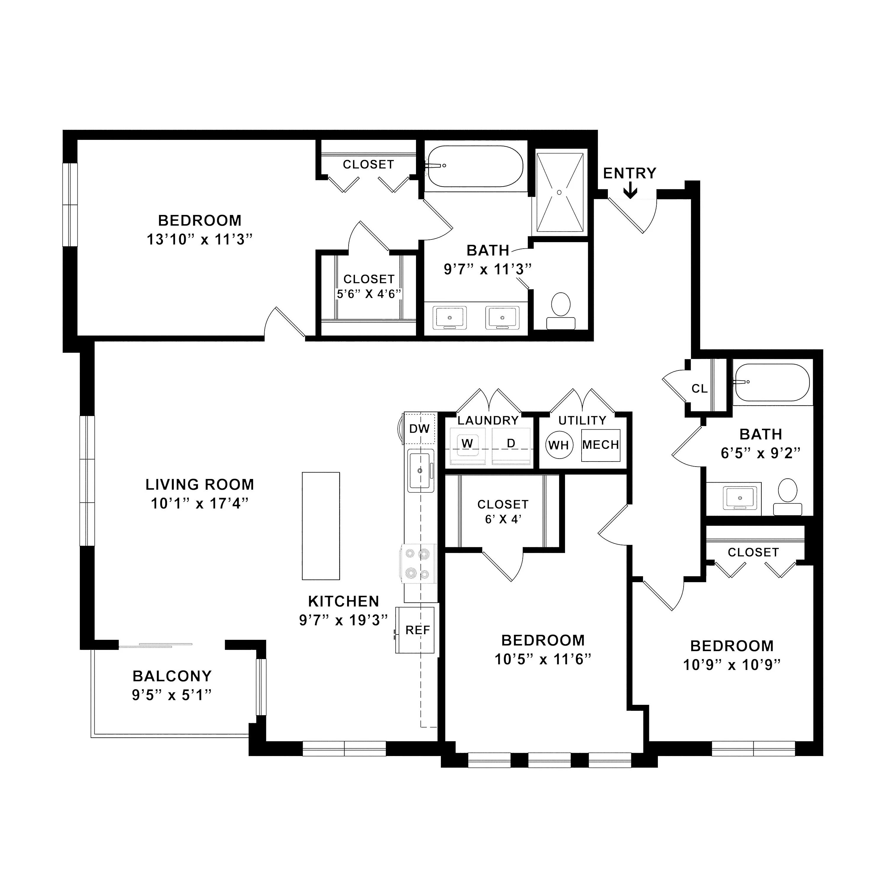 Modern floor plan showcasing 3 spacious bedrooms, 2 elegant bathrooms, an open-concept living and kitchen area, and a cozy balcony.