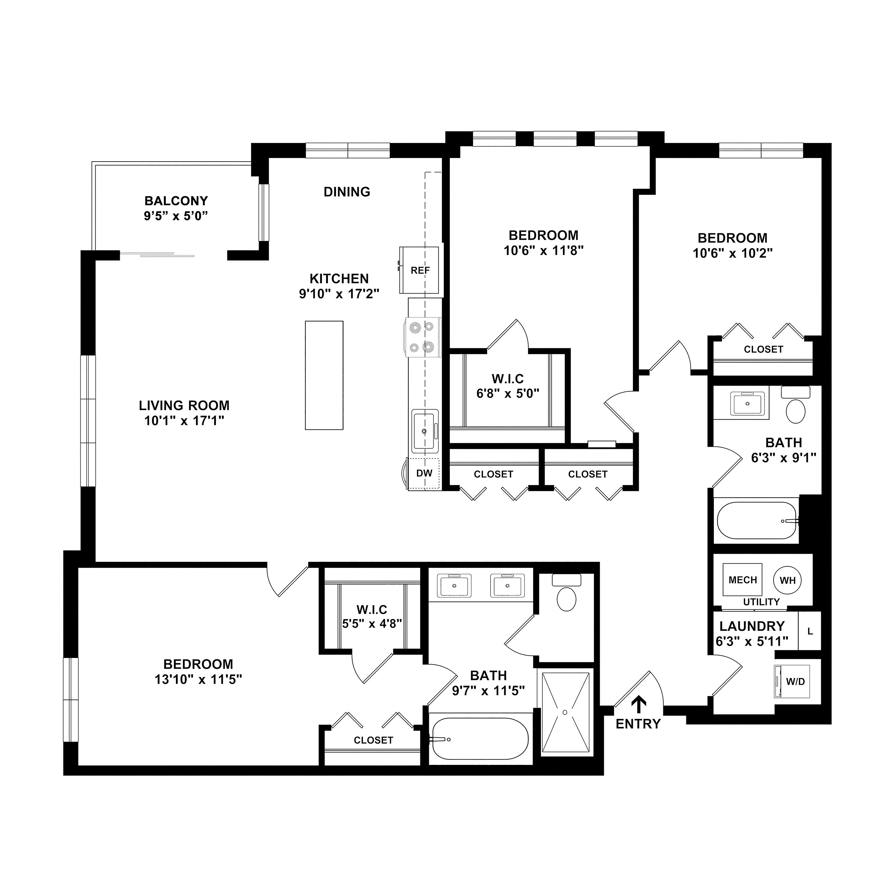 Modern 2D floor plan showcasing 3 bedrooms, spacious open-concept living and dining areas, and a sleek kitchen with attached balcony.