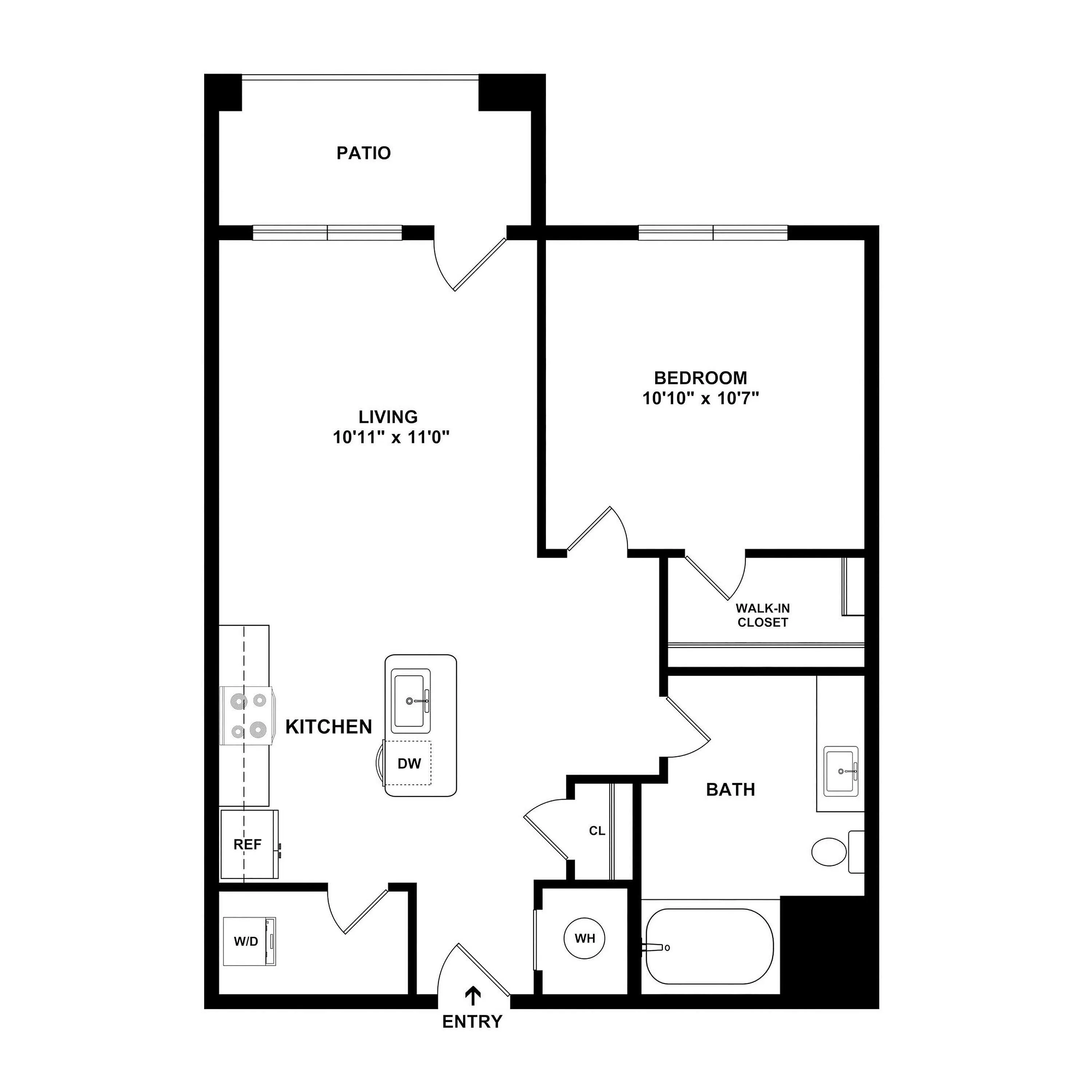 Modern one-bedroom floor plan featuring a spacious living area, open kitchen, cozy patio, and a convenient walk-in closet.