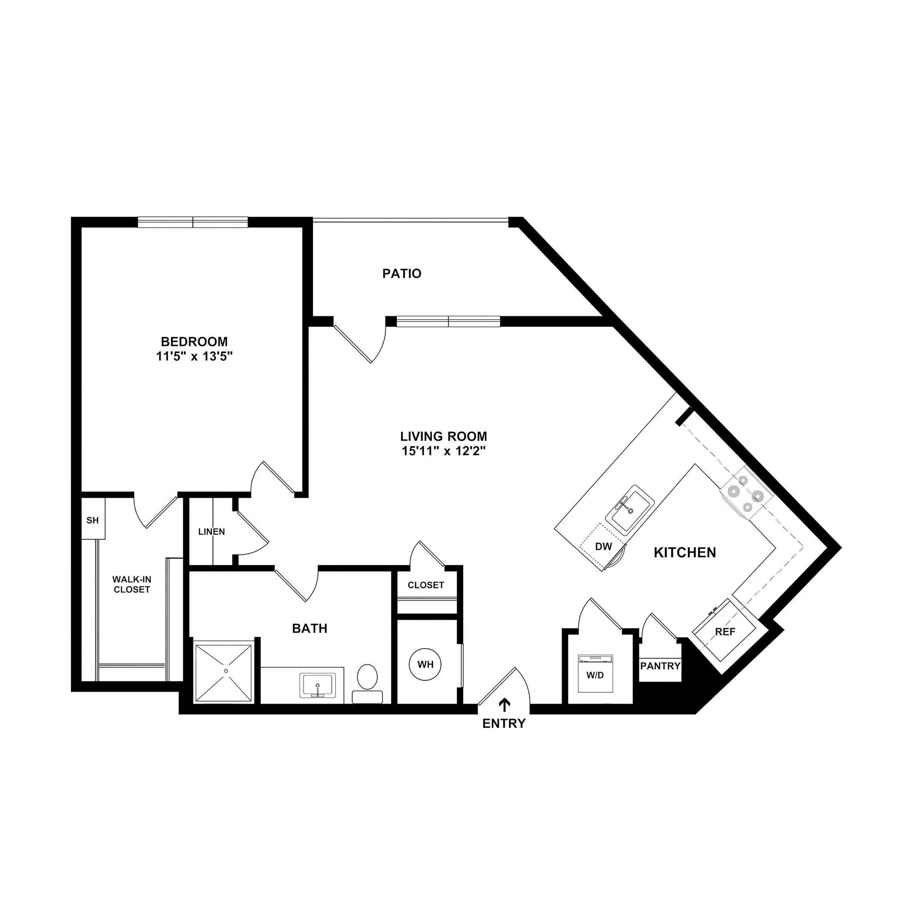 Modern floor plan showcasing a spacious one-bedroom apartment with open-plan living, kitchen, and patio access.