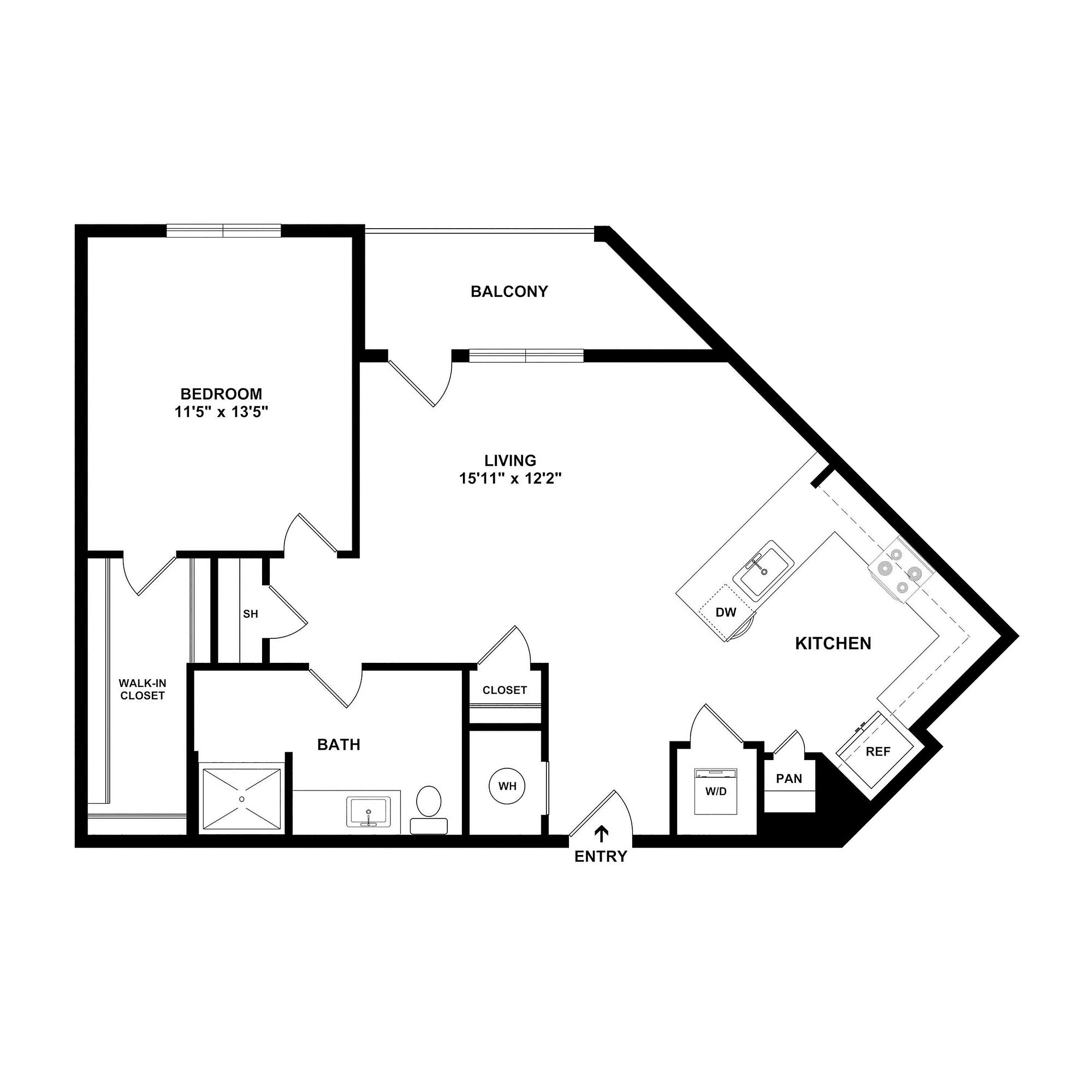 Elegant floor plan of a one-bedroom apartment featuring a spacious living area, modern kitchen with appliances, a walk-in closet, and a private balcony.