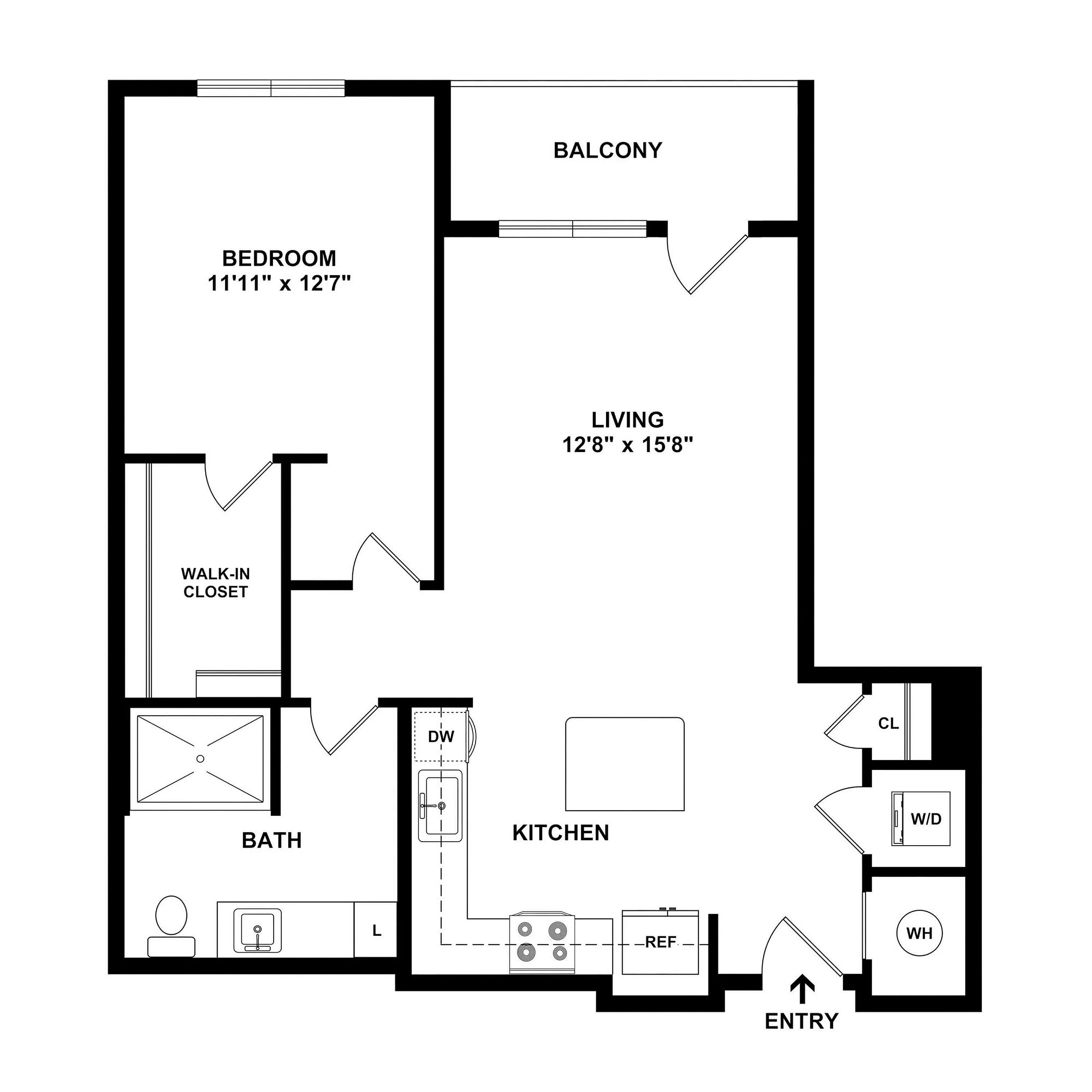 Modern floor plan featuring 1 bedroom with walk-in closet, spacious living area, and stylish kitchen, complete with balcony overlooking serene views.