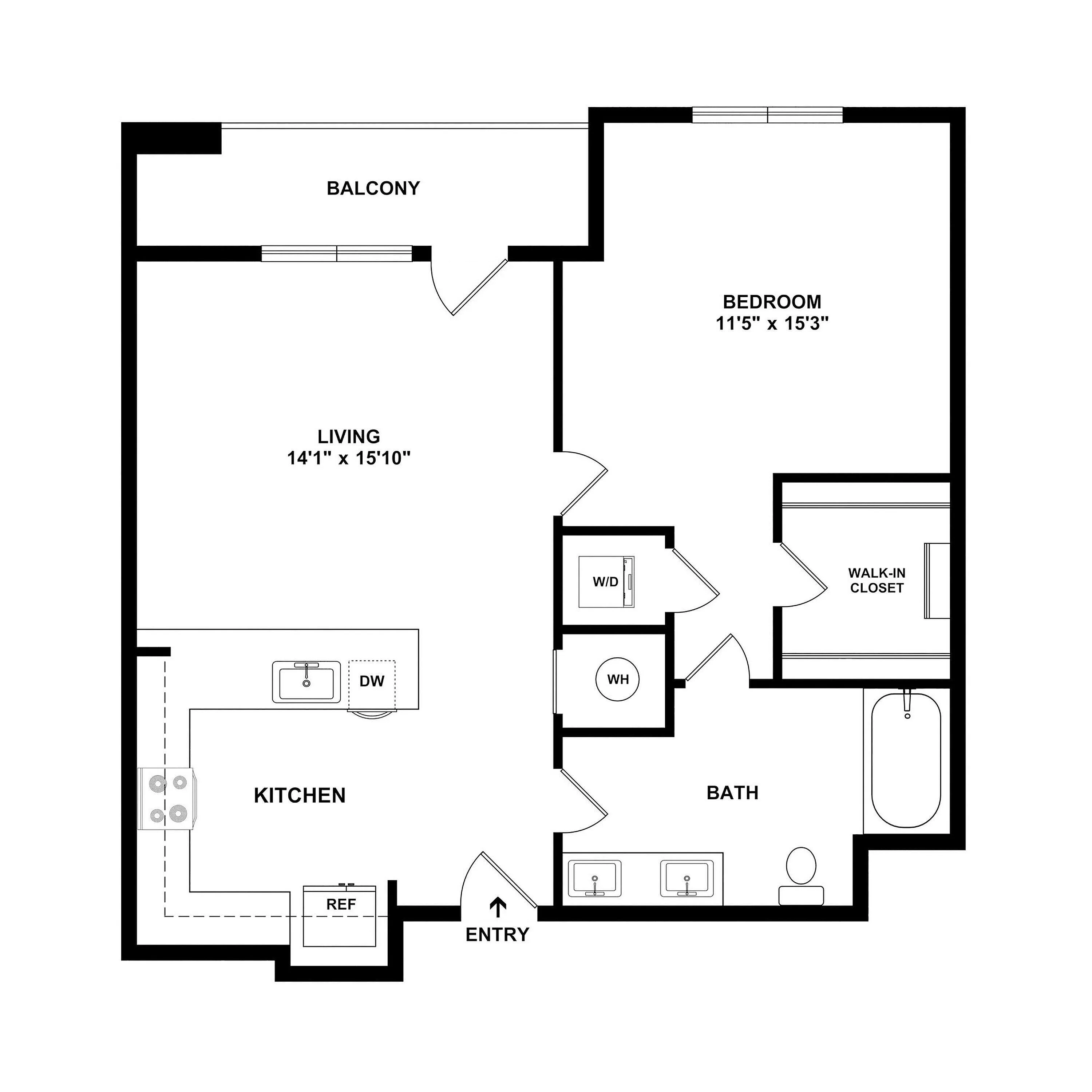 Modern 1-bedroom floor plan with open kitchen, spacious living area, balcony, and luxurious bath, perfect for stylish living.