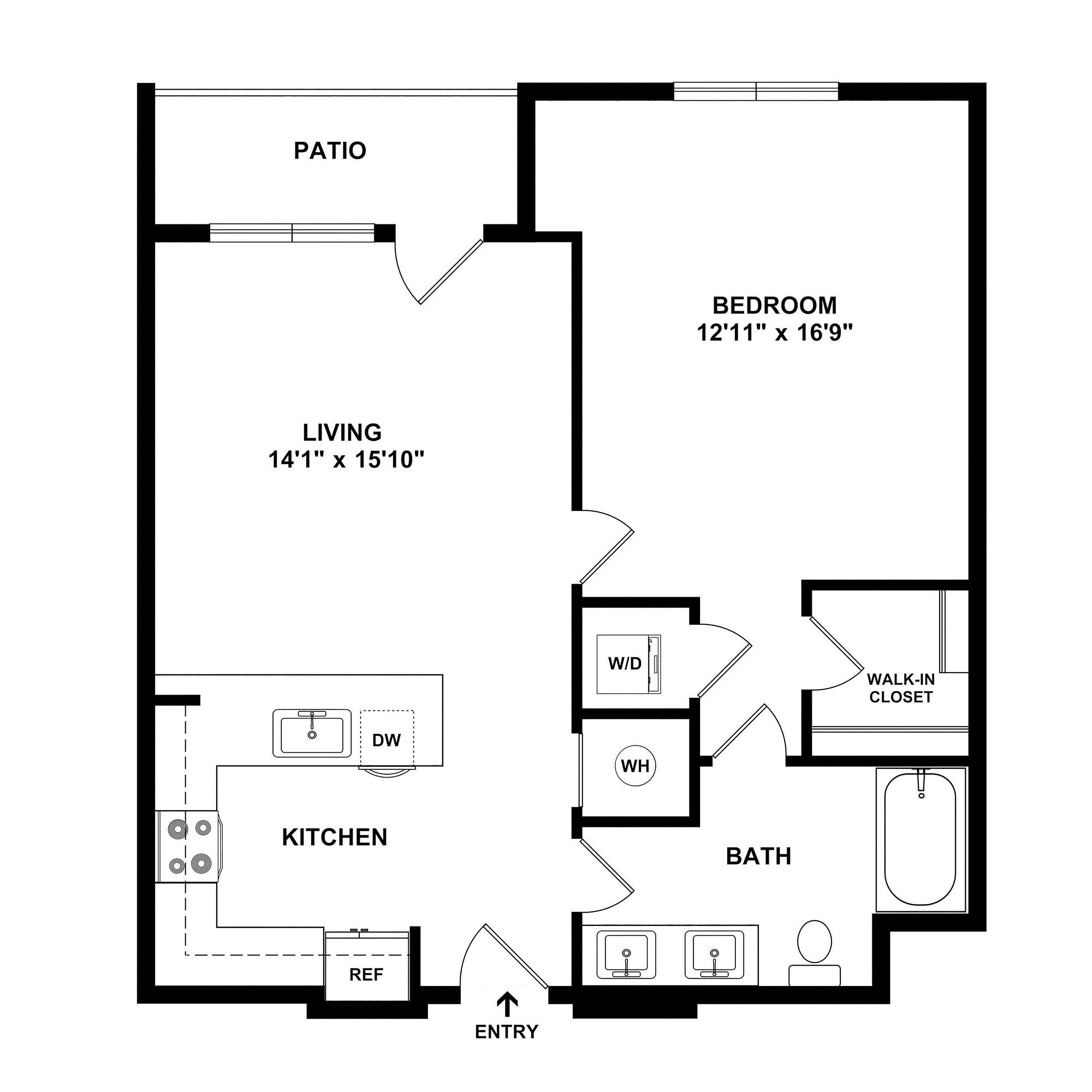 Modern apartment floor plan with a spacious living room, patio, kitchen, and a large bedroom featuring a walk-in closet.