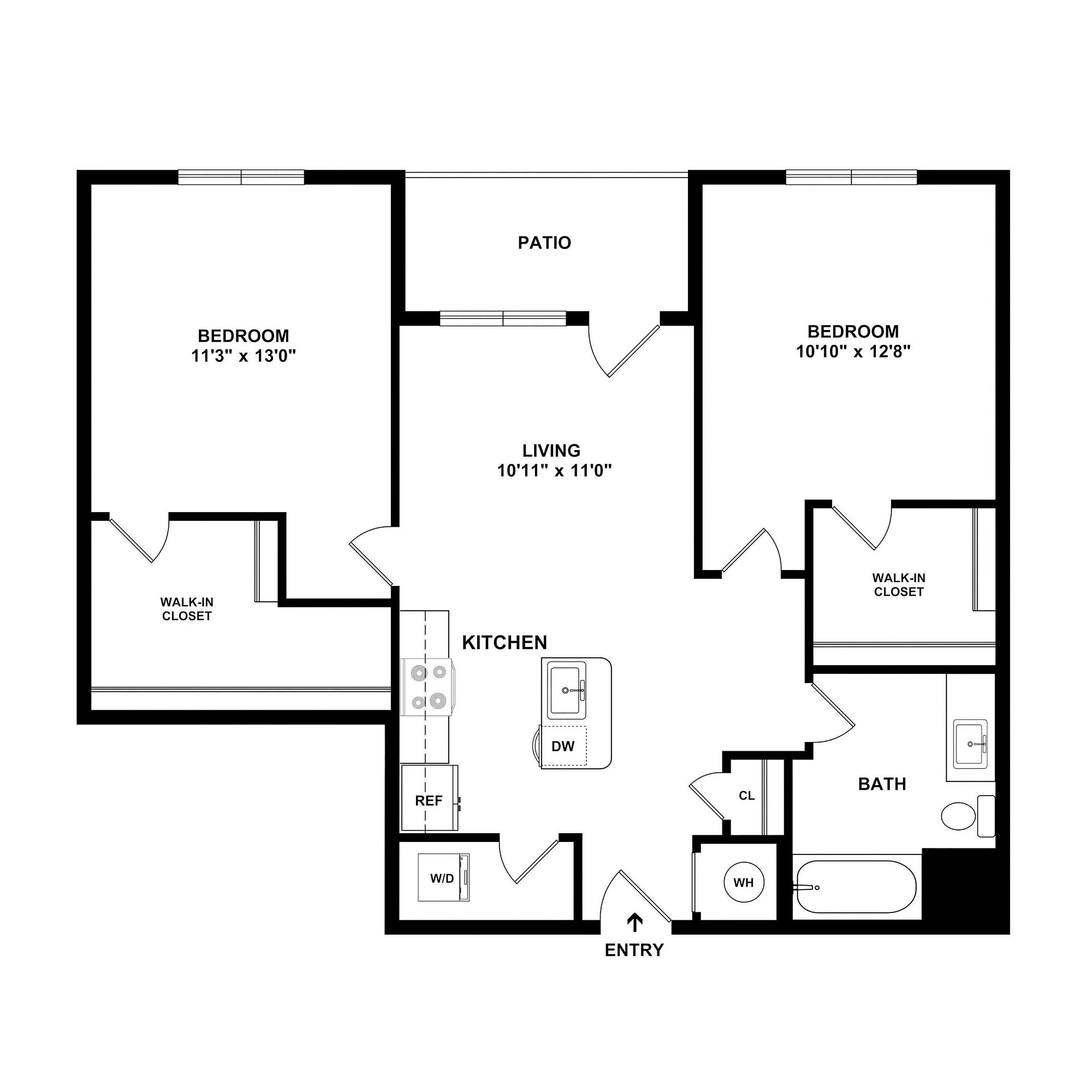 Contemporary floor plan showcasing two bedrooms with walk-in closets, open living area, modern kitchen, and inviting patio.