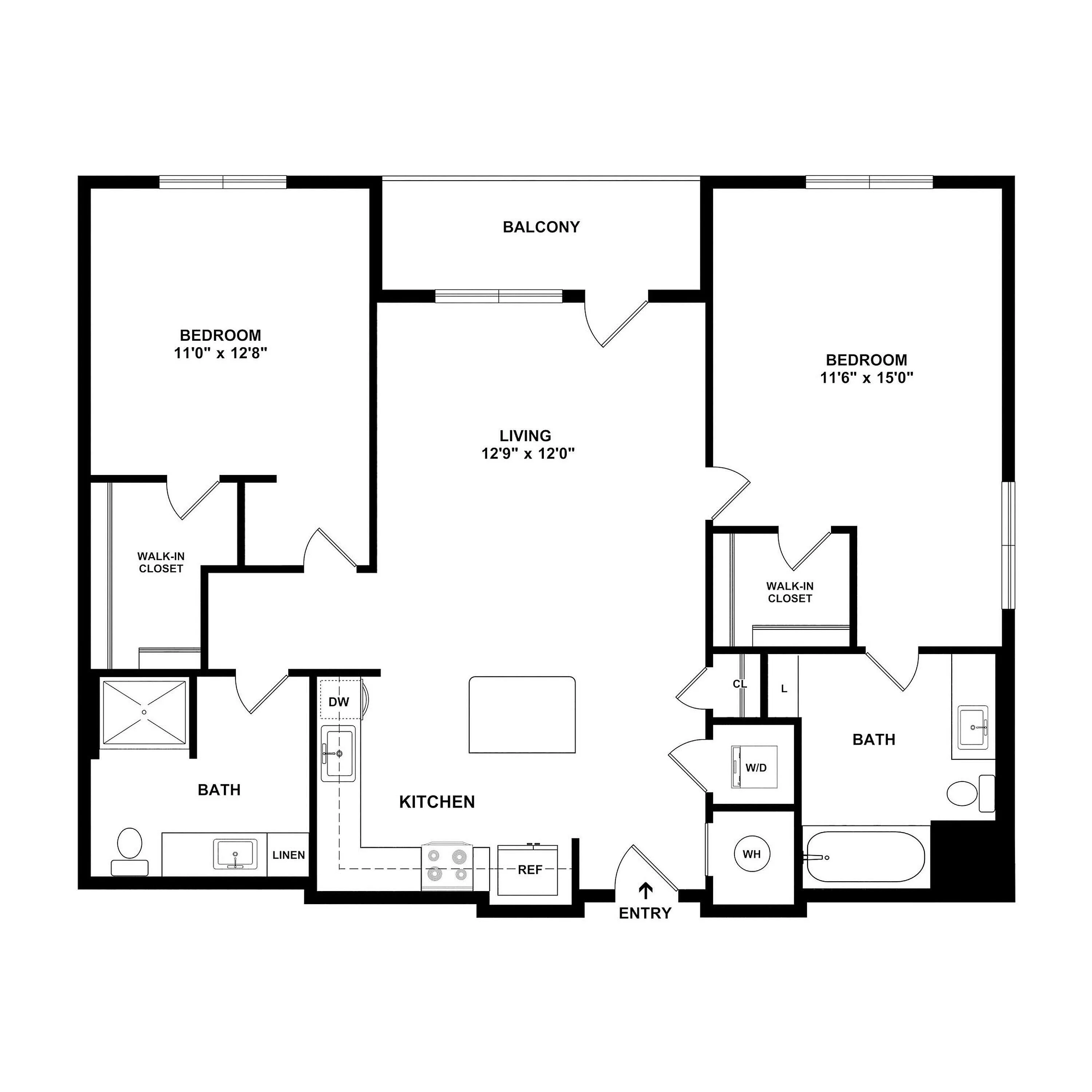 Modern floor plan with two bedrooms, two bathrooms, open kitchen and living area, featuring a balcony and convenient walk-in closets.