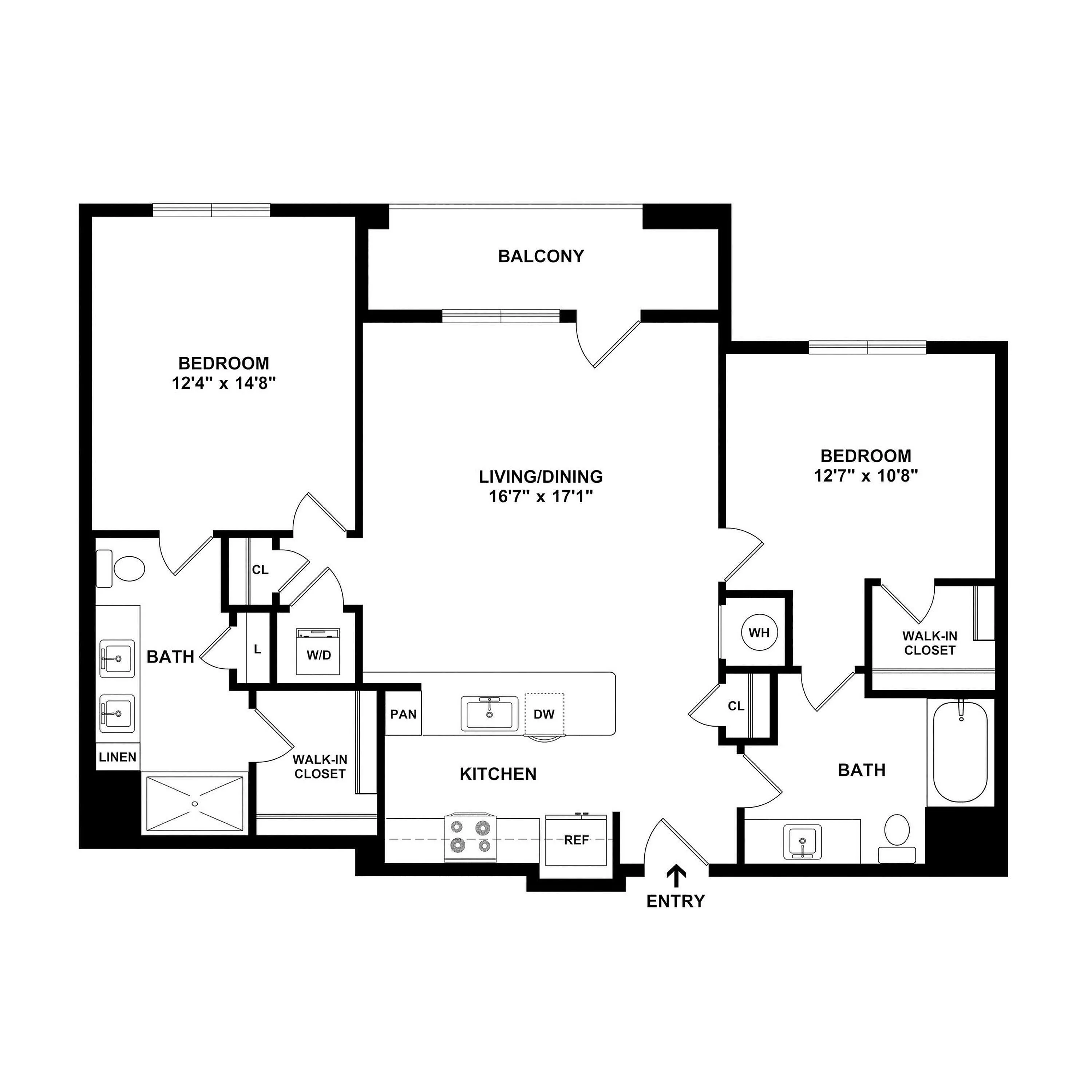 Elegant floor plan featuring 2 spacious bedrooms, an open living/dining area, modern kitchen with island, and a private balcony.