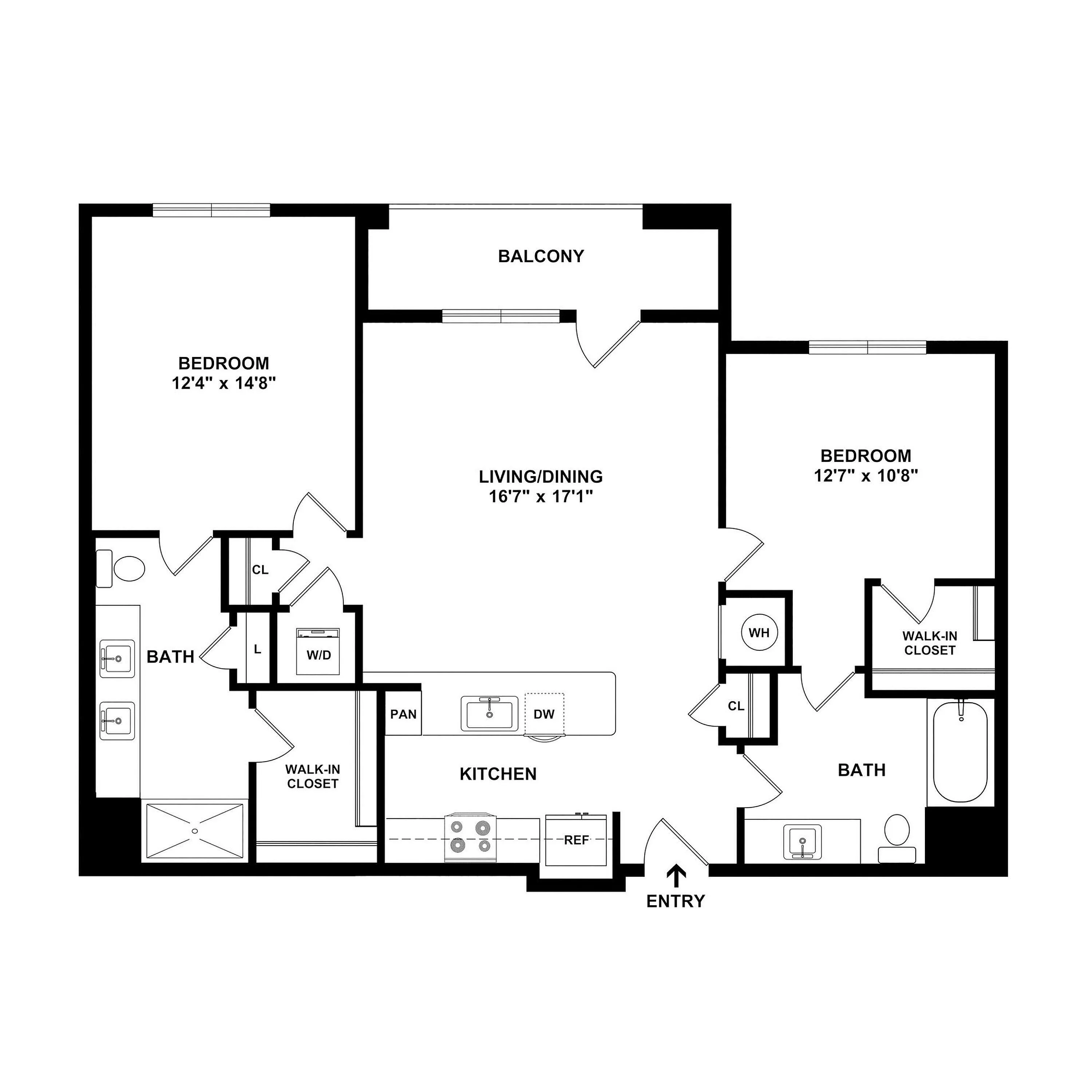 Modern 2D floor plan showcasing 2 spacious bedrooms, open living and dining area, stylish kitchen, and balcony access.