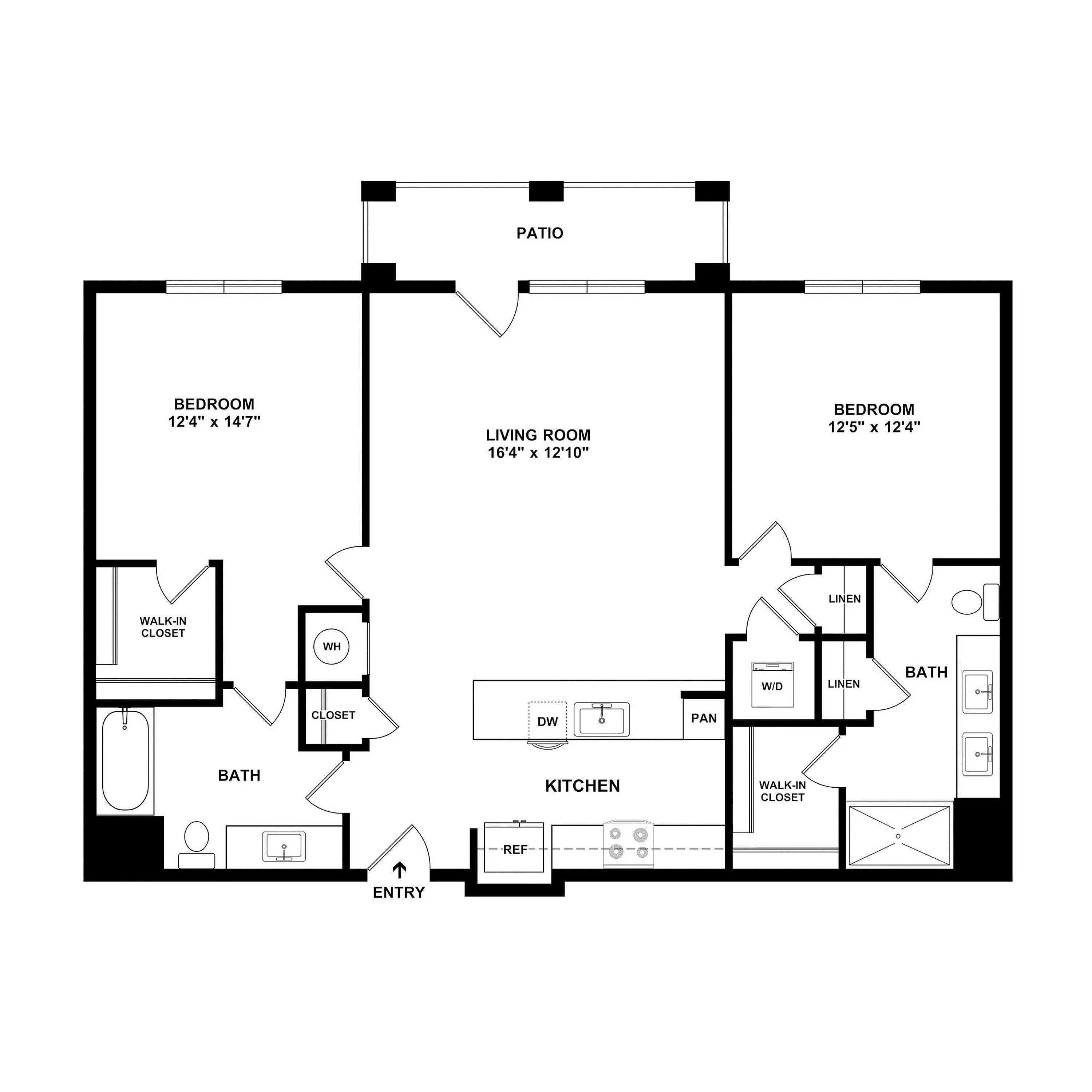 Modern floor plan featuring two spacious bedrooms, expansive living room with patio access, and a sleek kitchen with island setup.