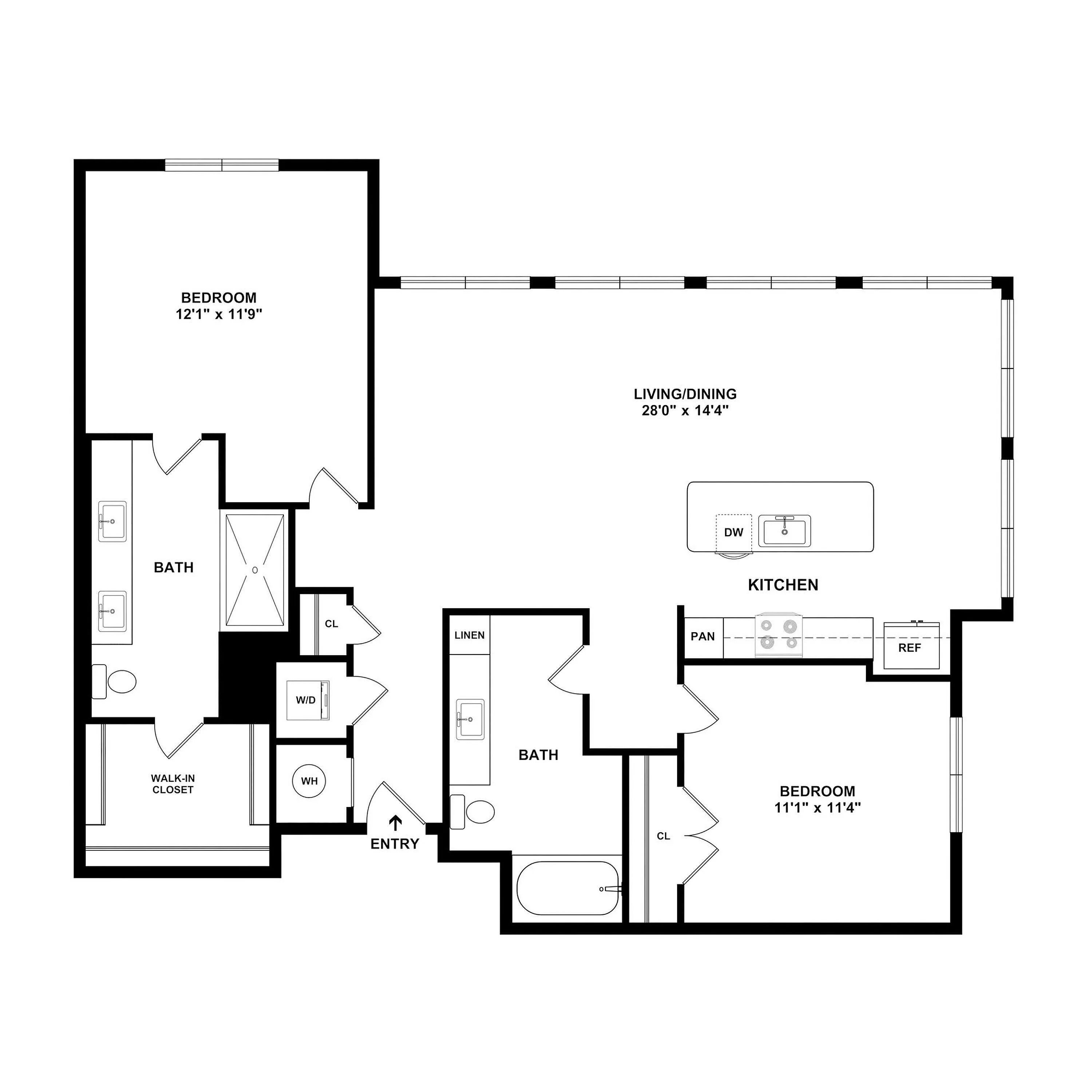 Modern floor plan displaying two spacious bedrooms, two elegant baths, an open-concept kitchen, and a combined living/dining area.