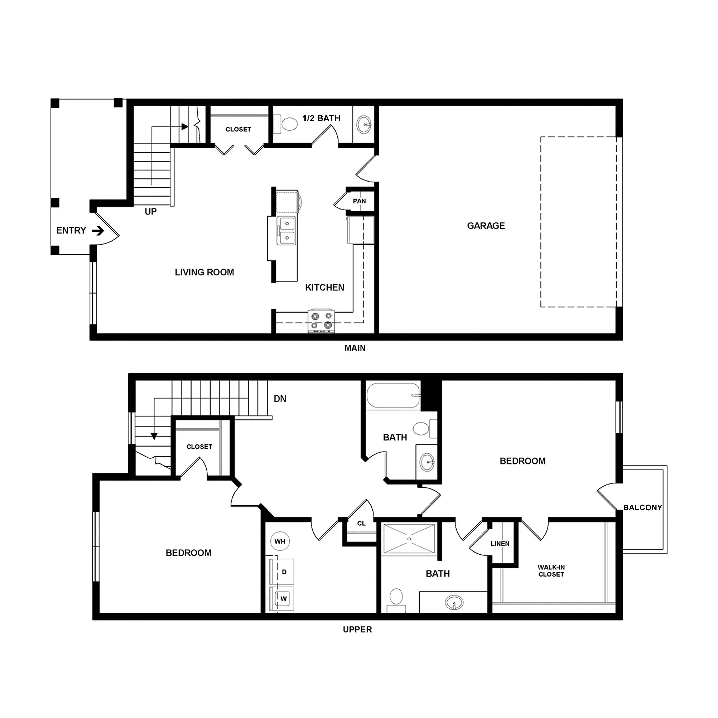 Modern two-level floor plan with 2 bedrooms, spacious living room, sleek kitchen, and attached garage. Upper level features a balcony for relaxing views.