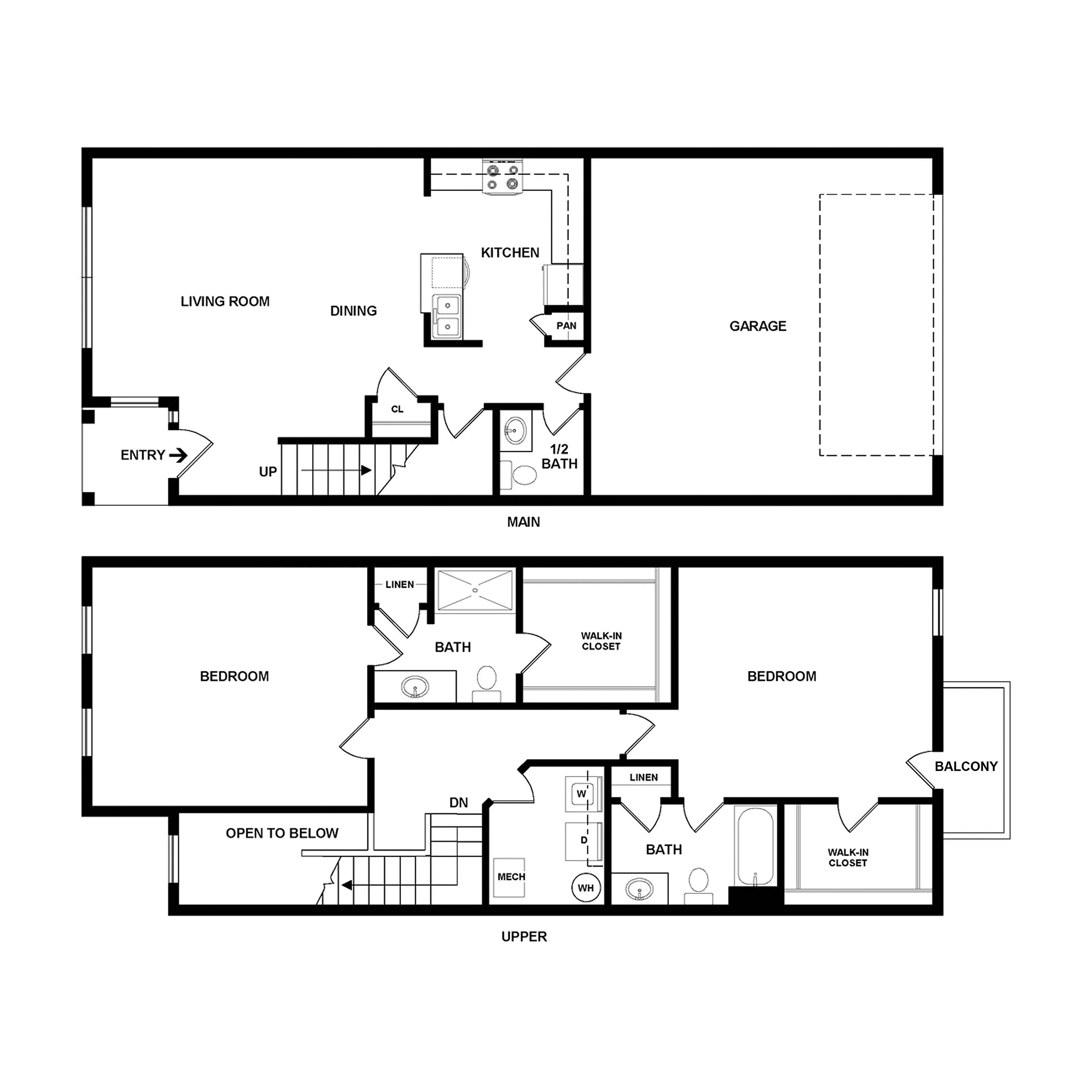 Modern two-story floor plan showcasing a spacious main floor with living room, dining area, and kitchen, plus a half bath and garage. Upper level features two bedrooms each with walk-in closets, two full baths, and a balcony for stylish living.