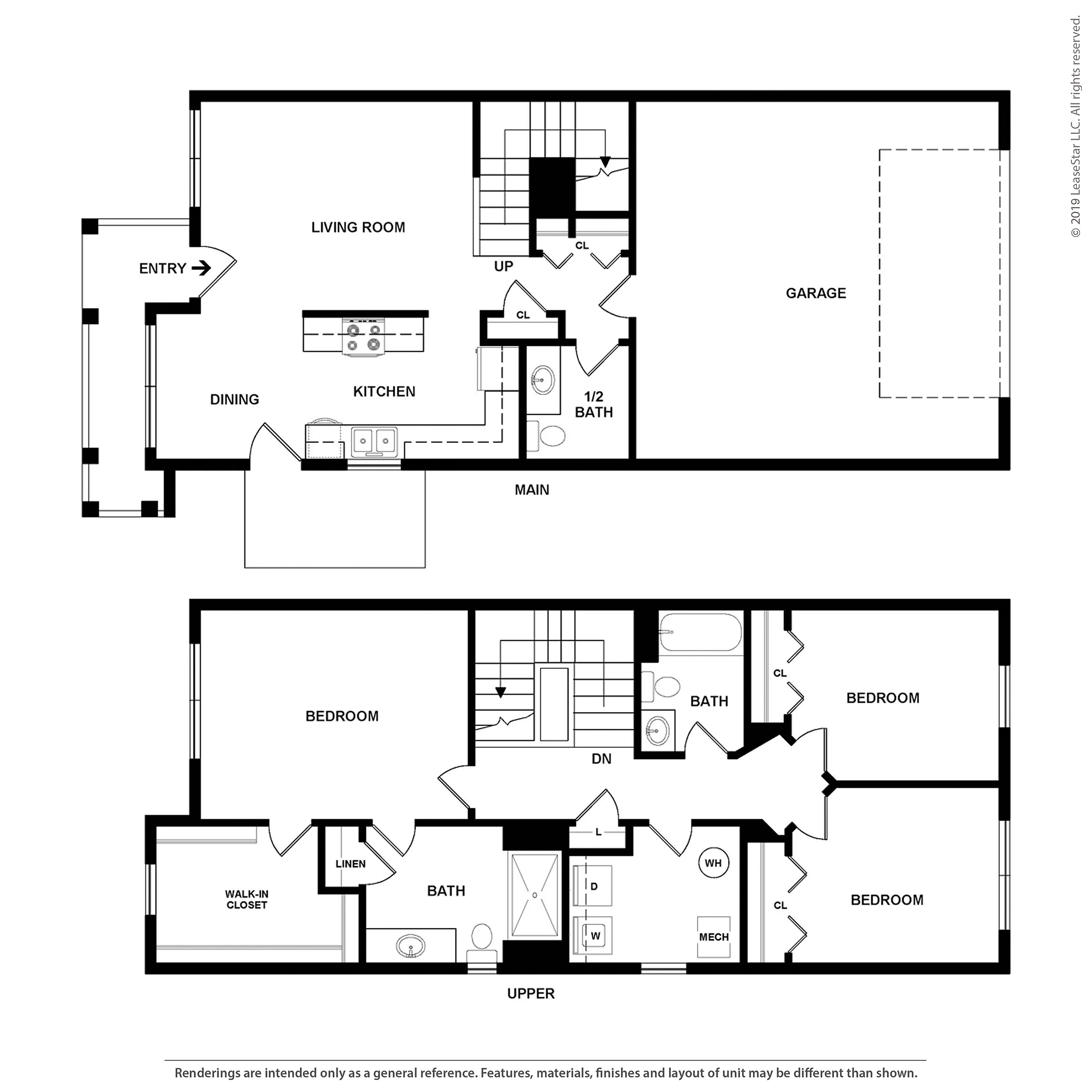 Modern two-level floor plan featuring three spacious bedrooms, an open-concept living and dining area, sleek kitchen, and attached garage. Perfect layout for family living.