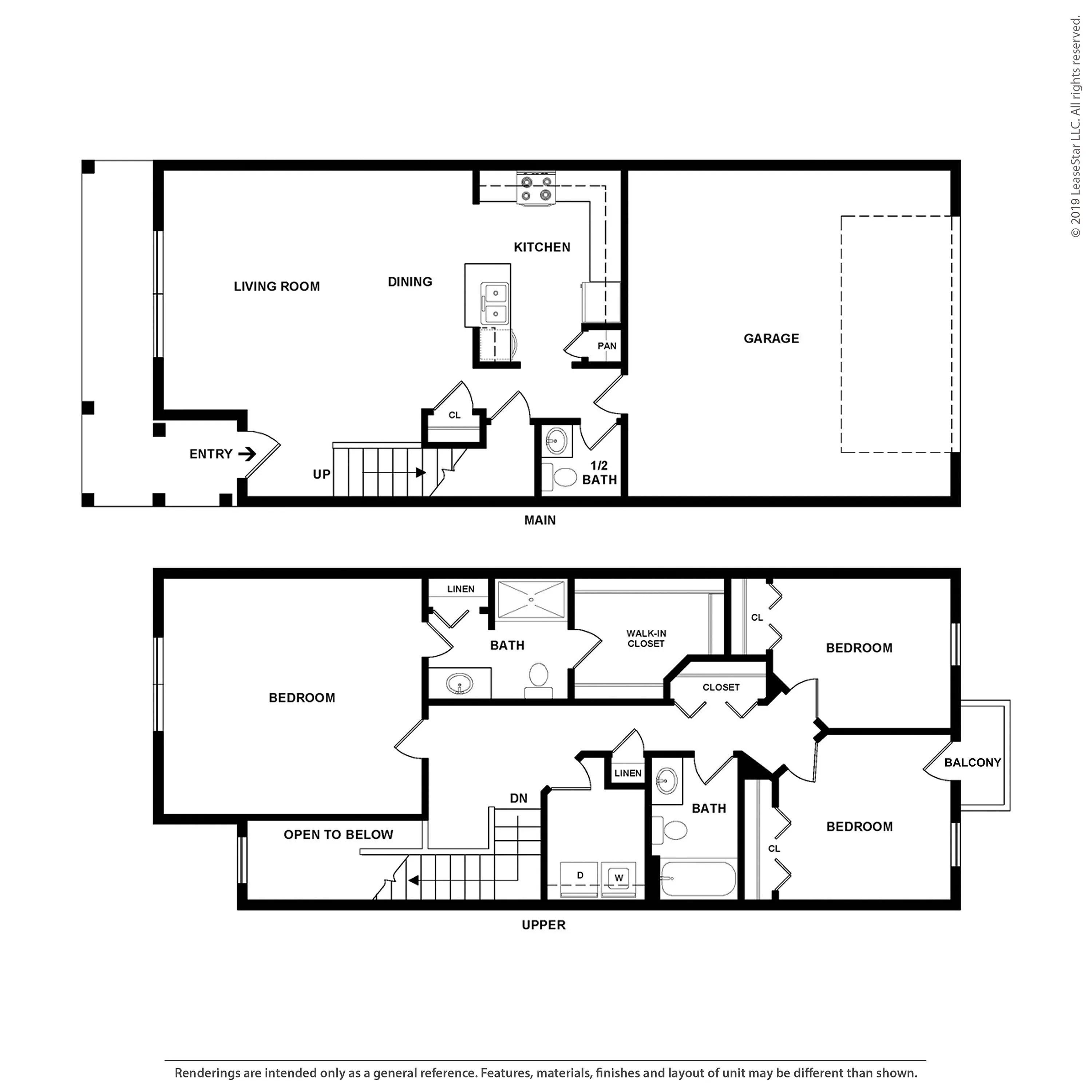Modern two-story floor plan showcasing 3 spacious bedrooms, open living and dining area, efficient kitchen, and attached garage. Includes two full bathrooms, a half bath, walk-in closet, and balcony for serene outdoor views.