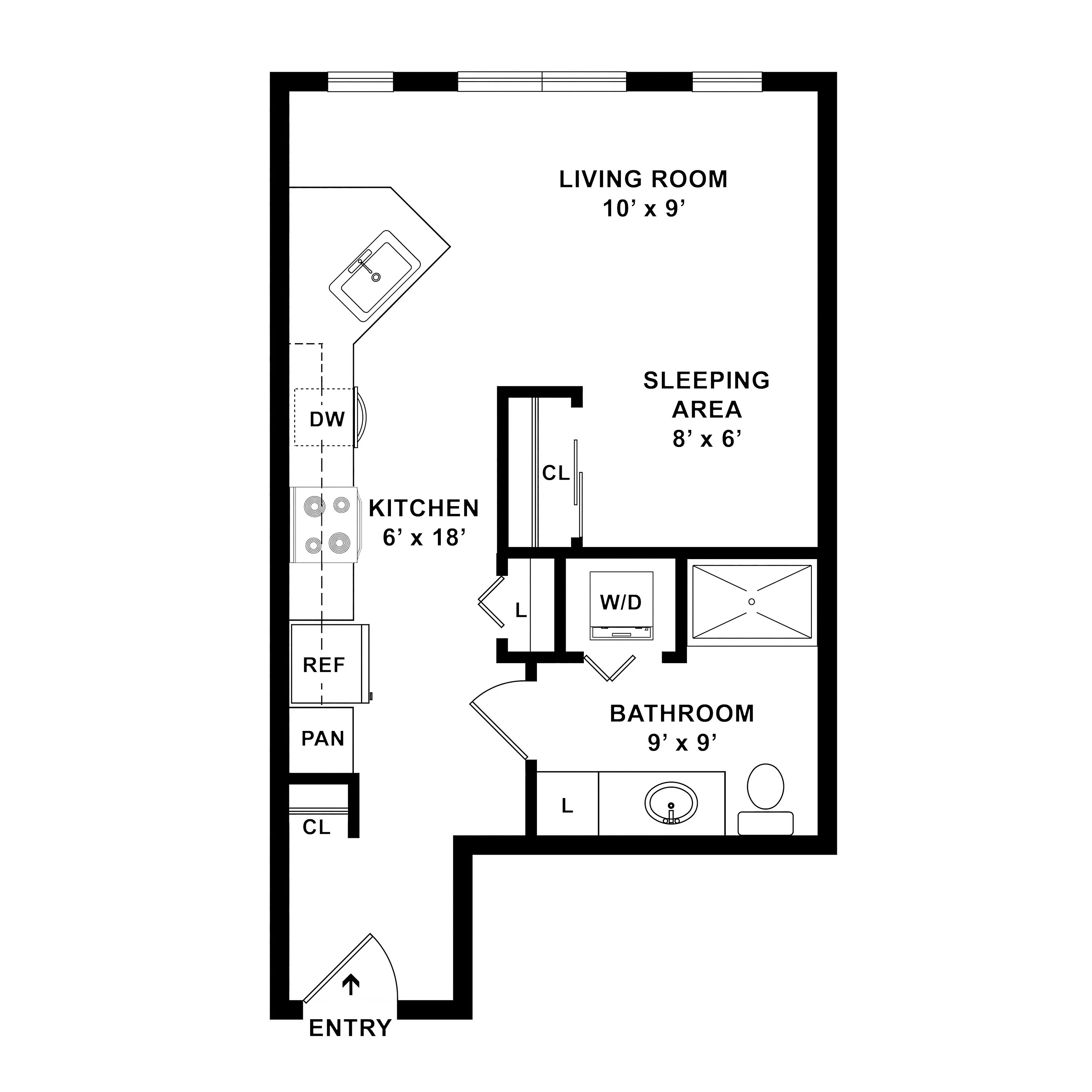 Efficient studio floor plan with integrated living room and kitchen, cozy sleeping area, and modern bathroom featuring washer/dryer.