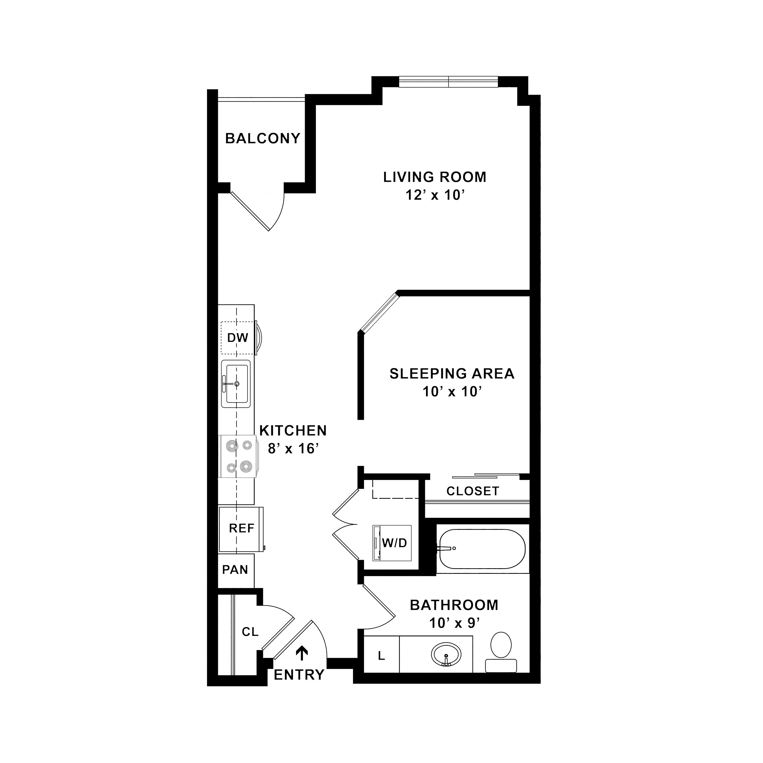 Modern apartment floor plan with a spacious living room, cozy sleeping area, and stylish kitchen, featuring a balcony and convenient bathroom layout.