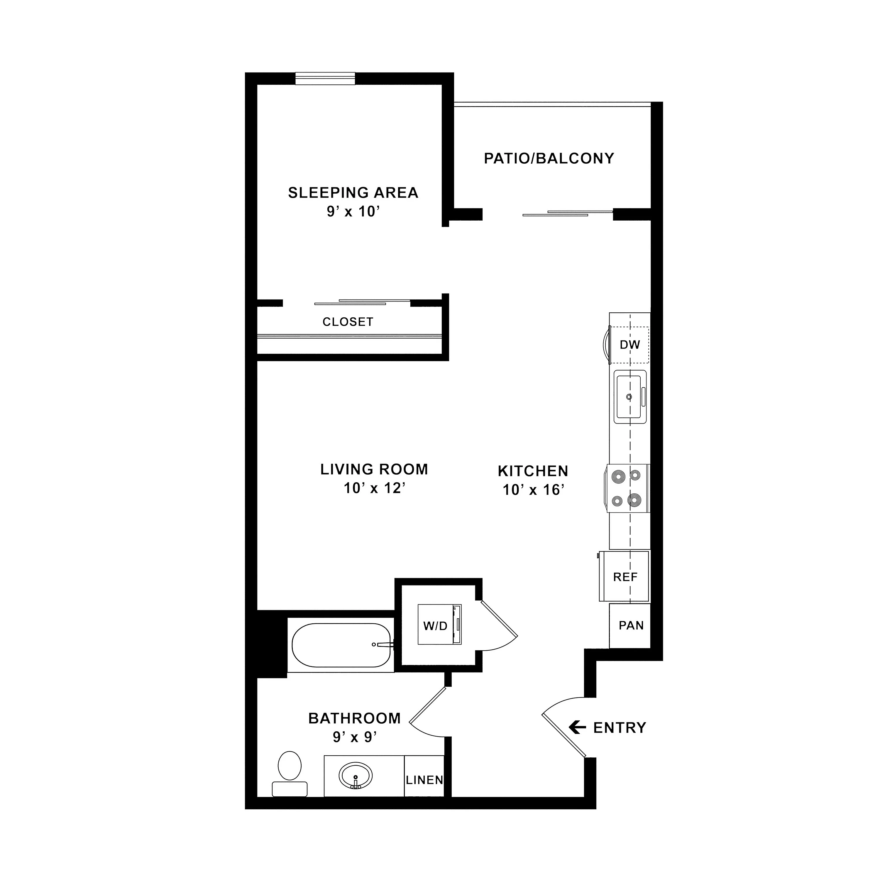 Modern floor plan featuring a cozy sleeping area, spacious living room, and a well-designed kitchen with patio access. Includes a full bathroom with elegant linen storage and in-unit washer/dryer.