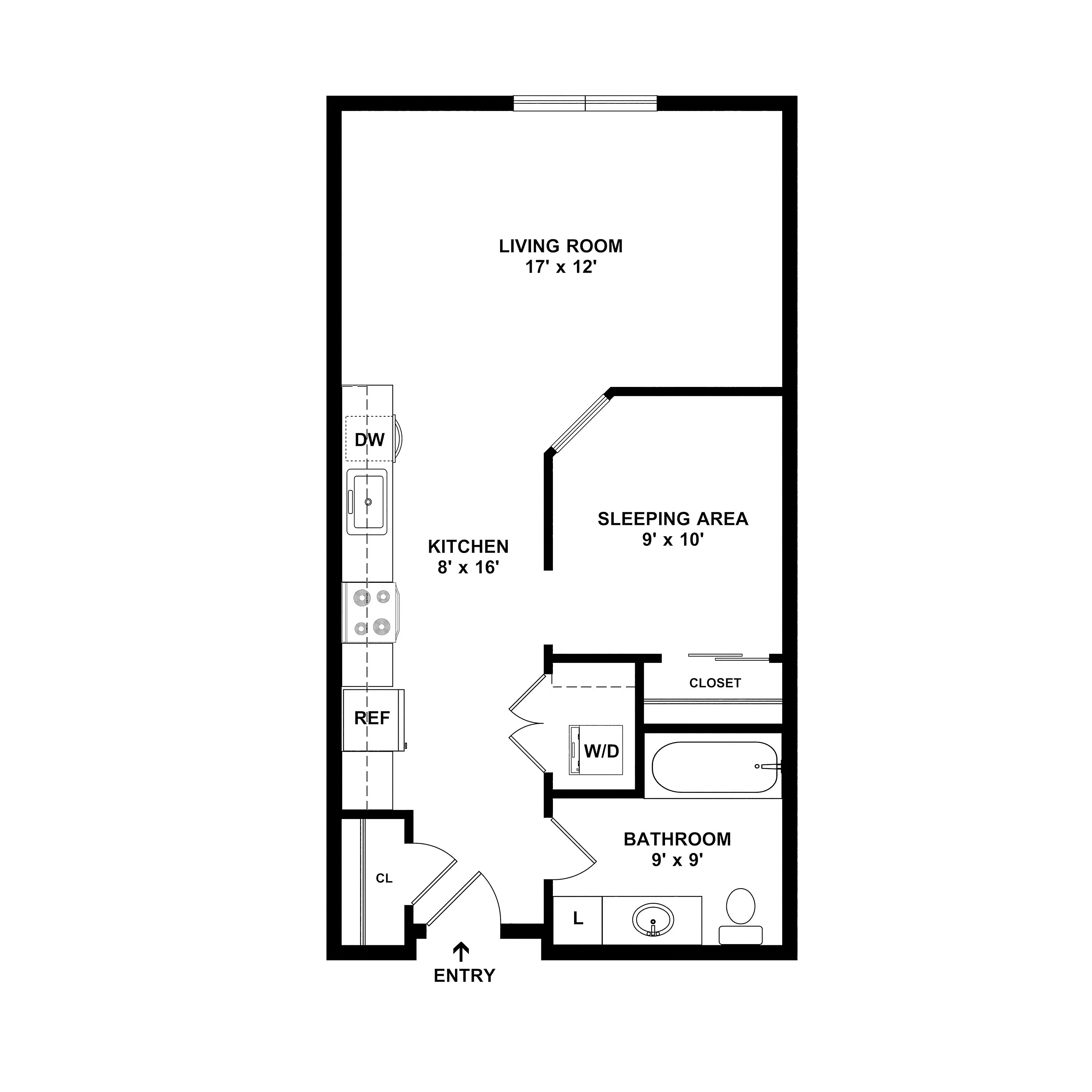 Elegant studio apartment floor plan featuring a spacious living room, efficient kitchen, cozy sleeping area, and modern bathroom.