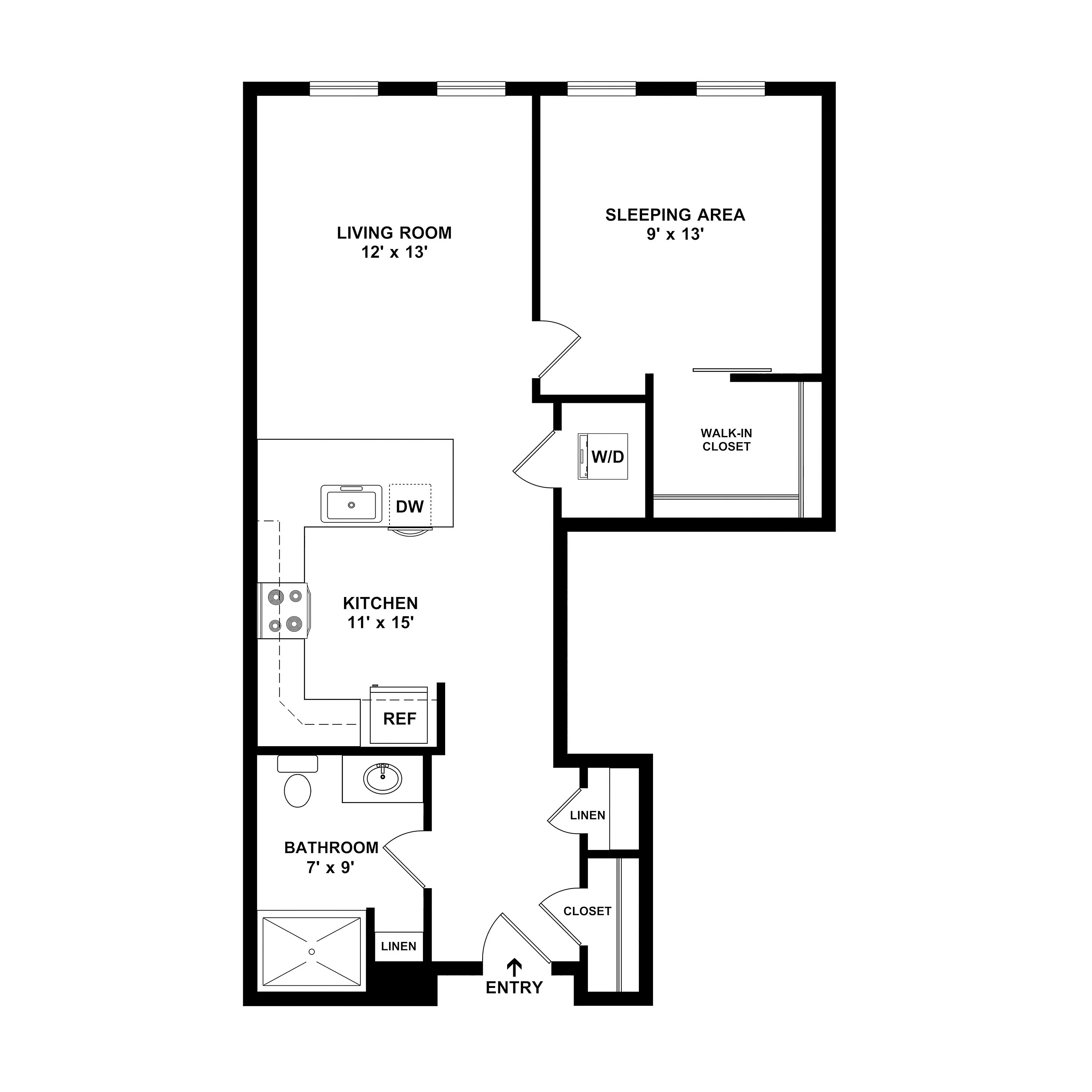Elegant floor plan showcasing a modern studio apartment with a spacious living room, efficient kitchen, cozy sleeping area, and ample storage options including a walk-in closet.