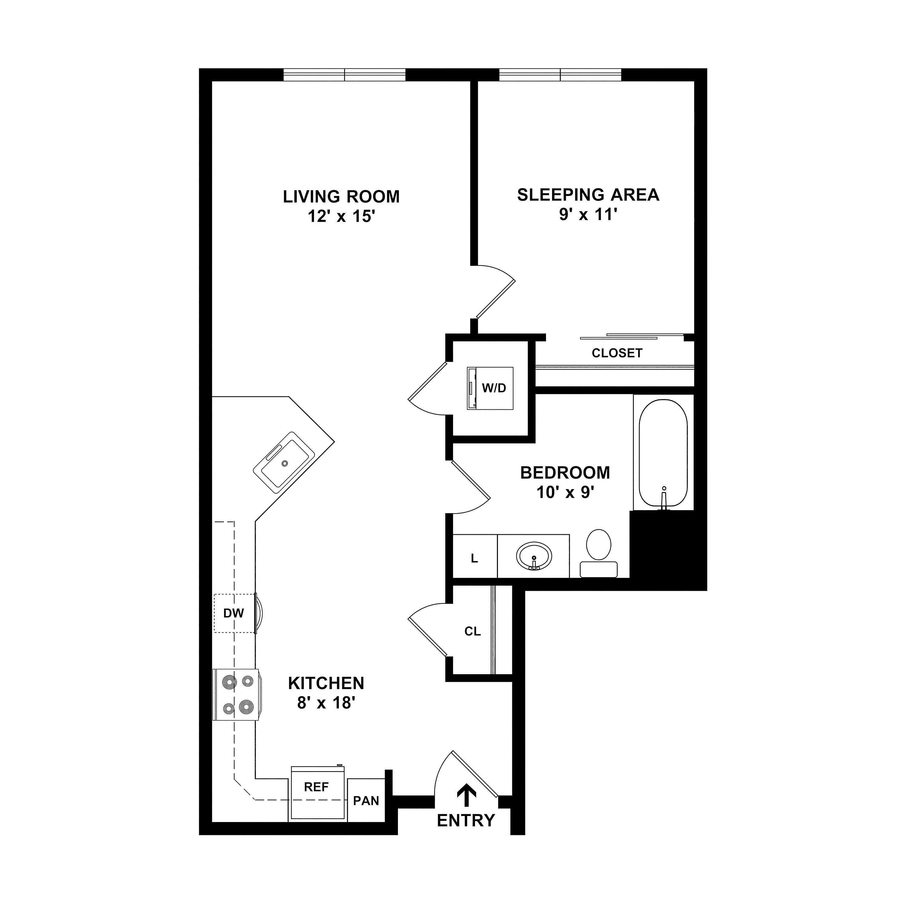 Inviting floor plan showcasing an expansive living room, cozy sleeping area, functional kitchen, and a compact bedroom with ample closet space.