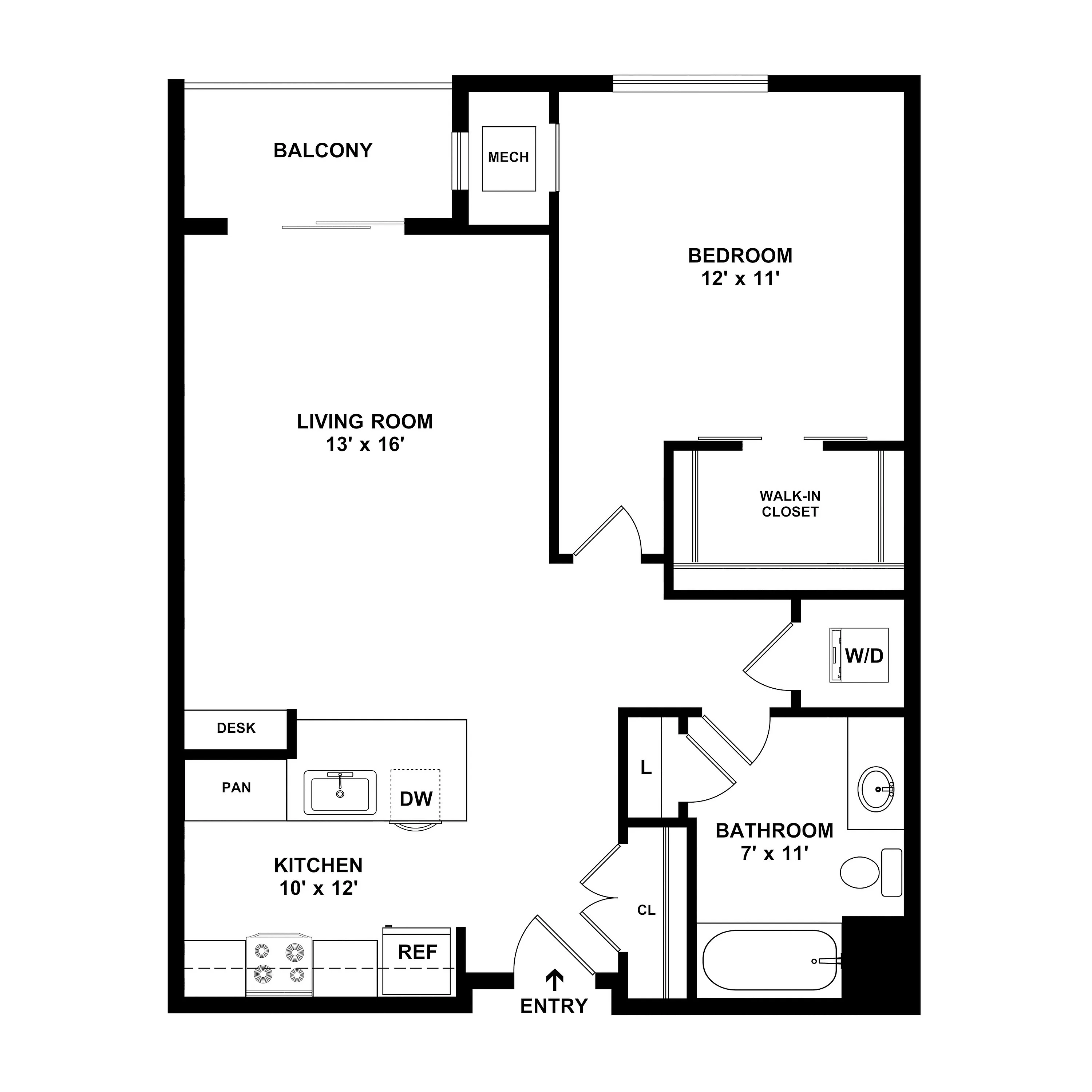 Modern floor plan featuring 1 bedroom with walk-in closet, spacious living room leading to a balcony, and a well-equipped kitchen with dining area.