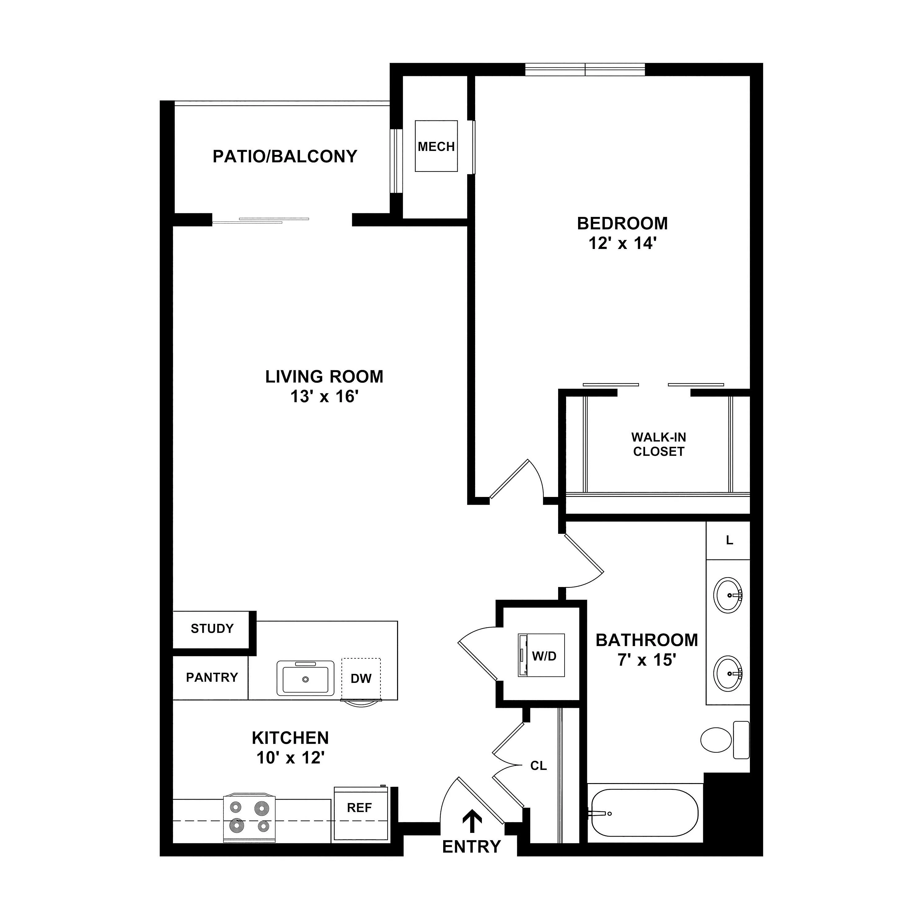 Modern floor plan showcasing a spacious one-bedroom apartment with a walk-in closet, open living room, balcony, and functional kitchen. Ideal for stylish living.
