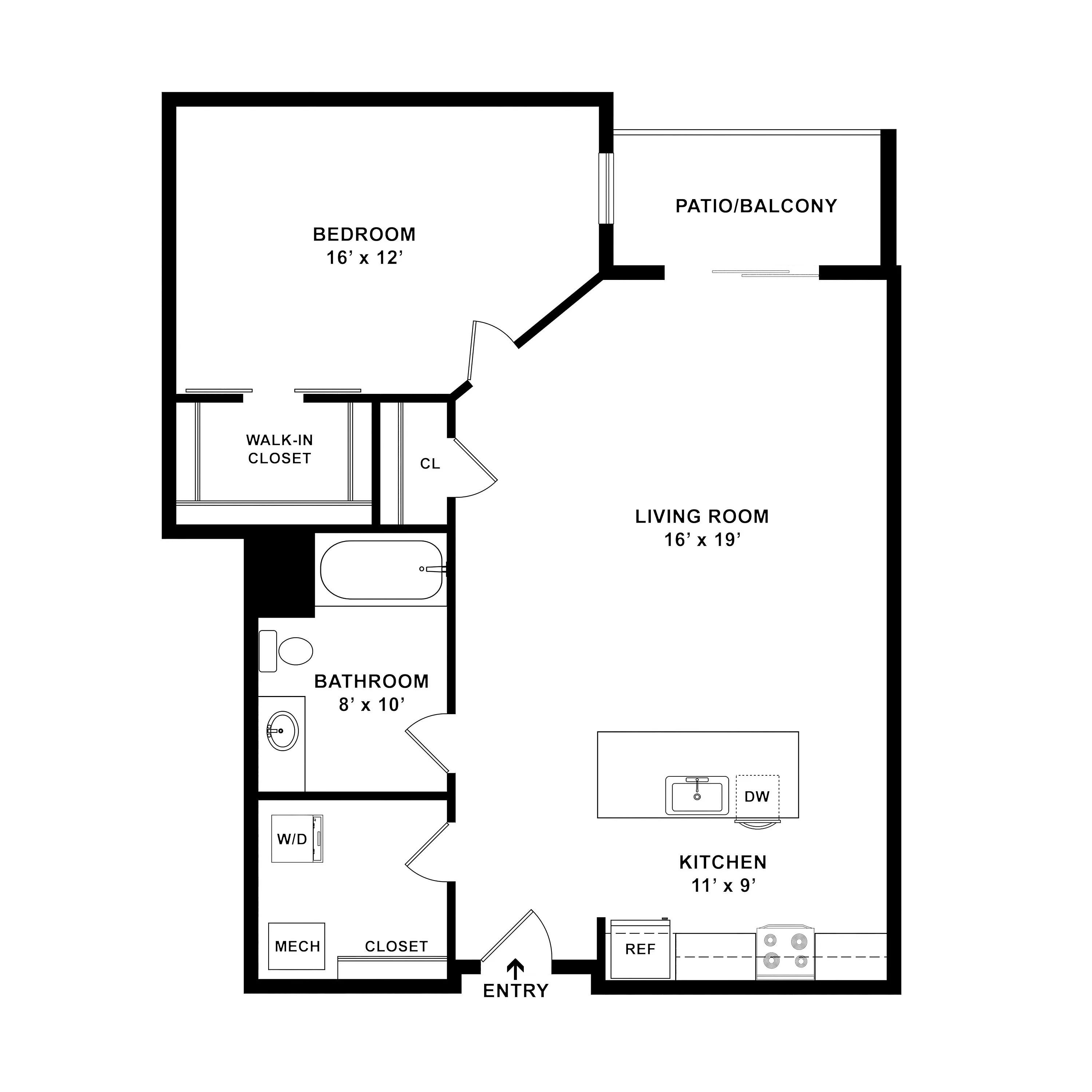 Modern floor plan featuring a spacious bedroom with walk-in closet, large living room with patio access, and open kitchen layout with island.