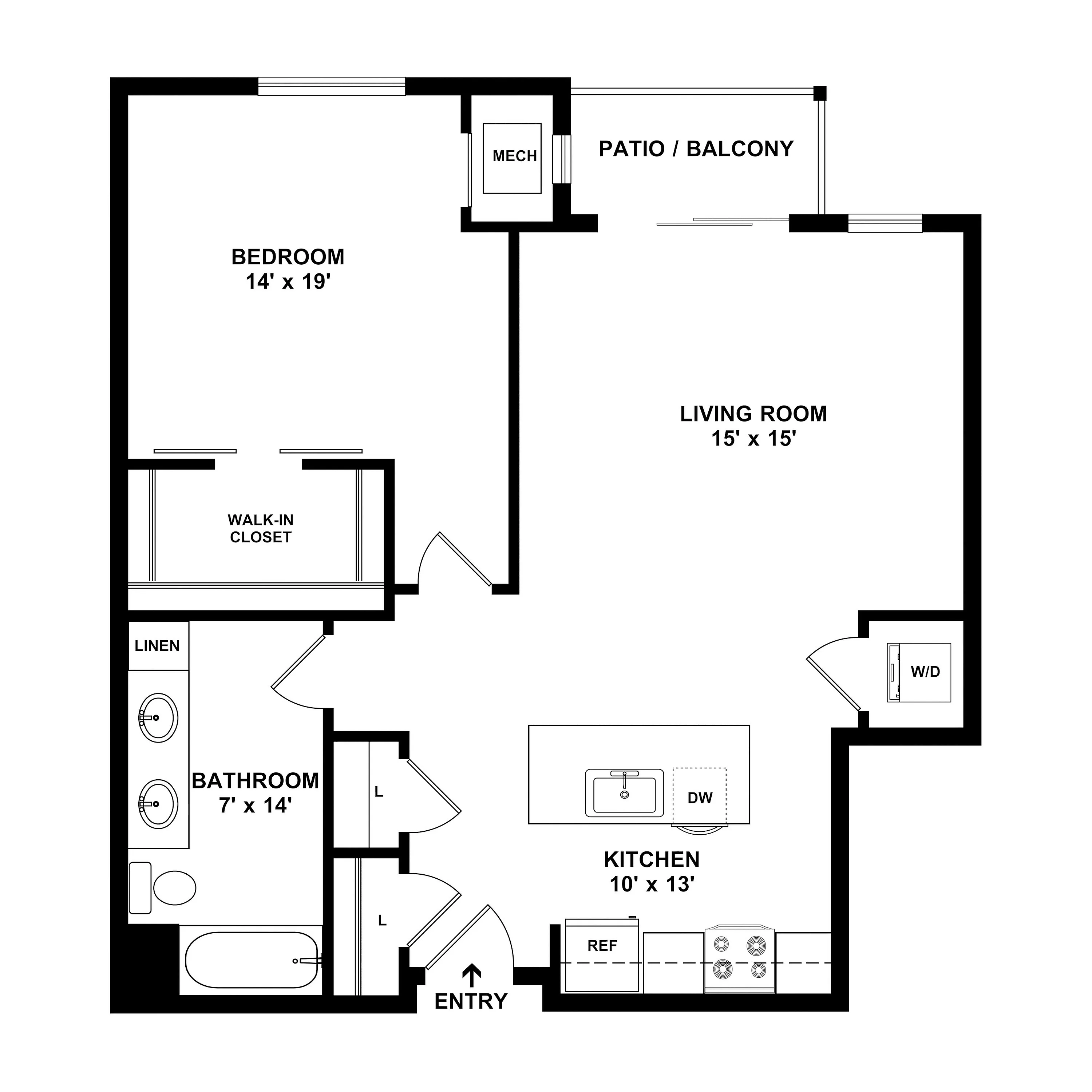 Modern floor plan featuring a spacious 1-bedroom apartment with a walk-in closet, open kitchen with island, expansive living room, and private patio/balcony.