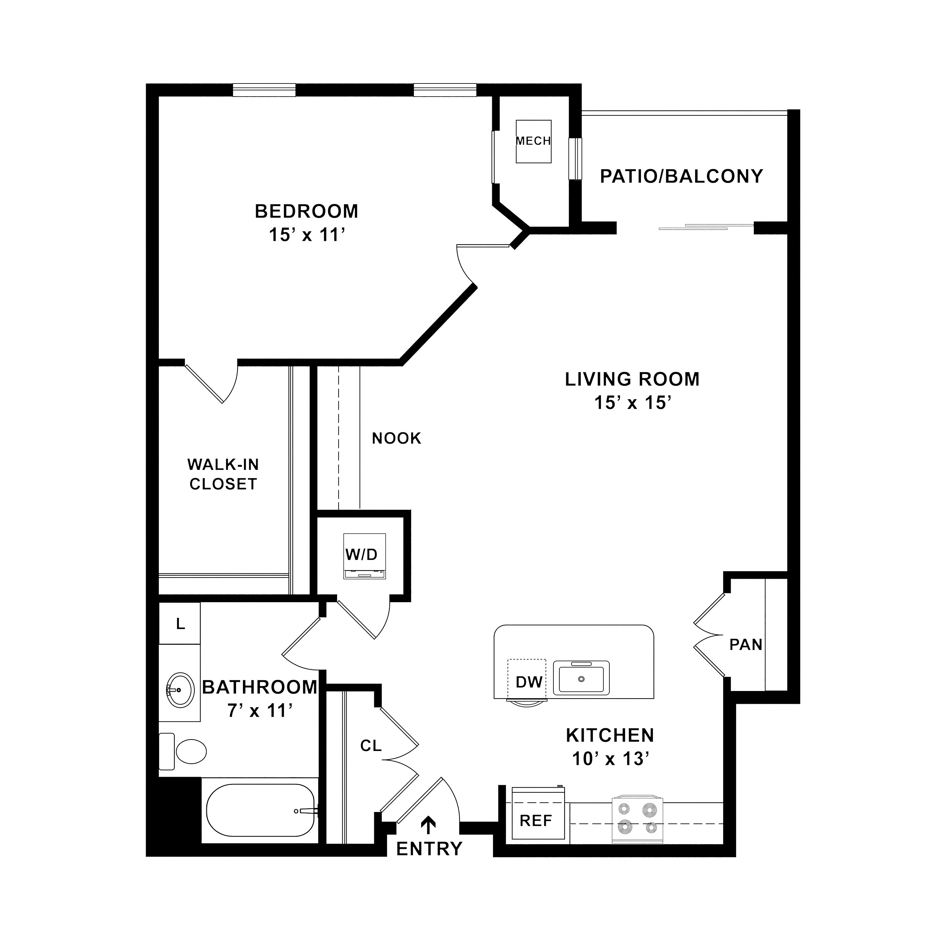 Inviting floor plan featuring a spacious bedroom with a walk-in closet, a cozy nook, open-concept living room, and a kitchen with modern amenities, plus a patio for outdoor relaxation.