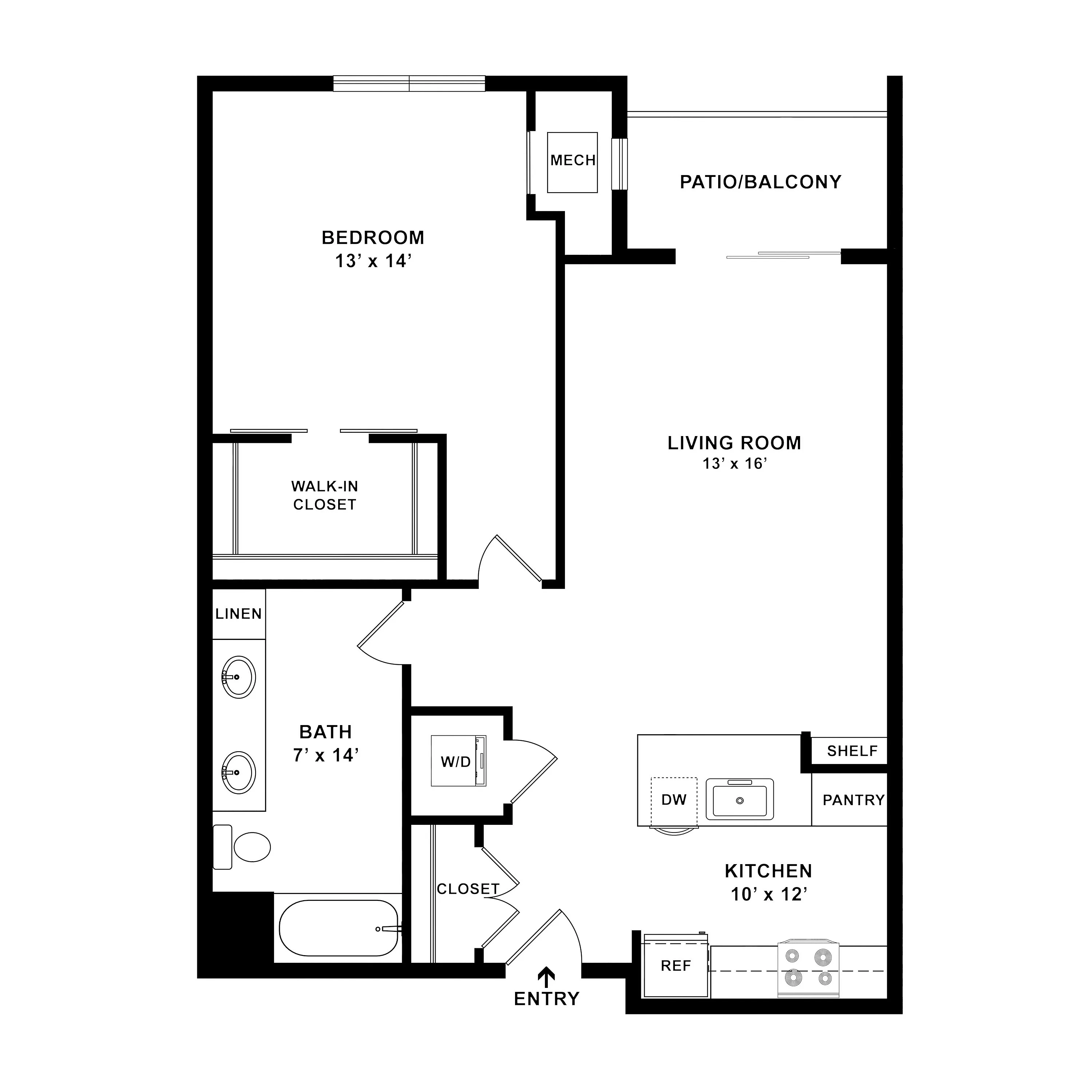Modern floor plan showcasing 1 bedroom with walk-in closet, spacious living room, and kitchen with pantry, featuring a patio/balcony.