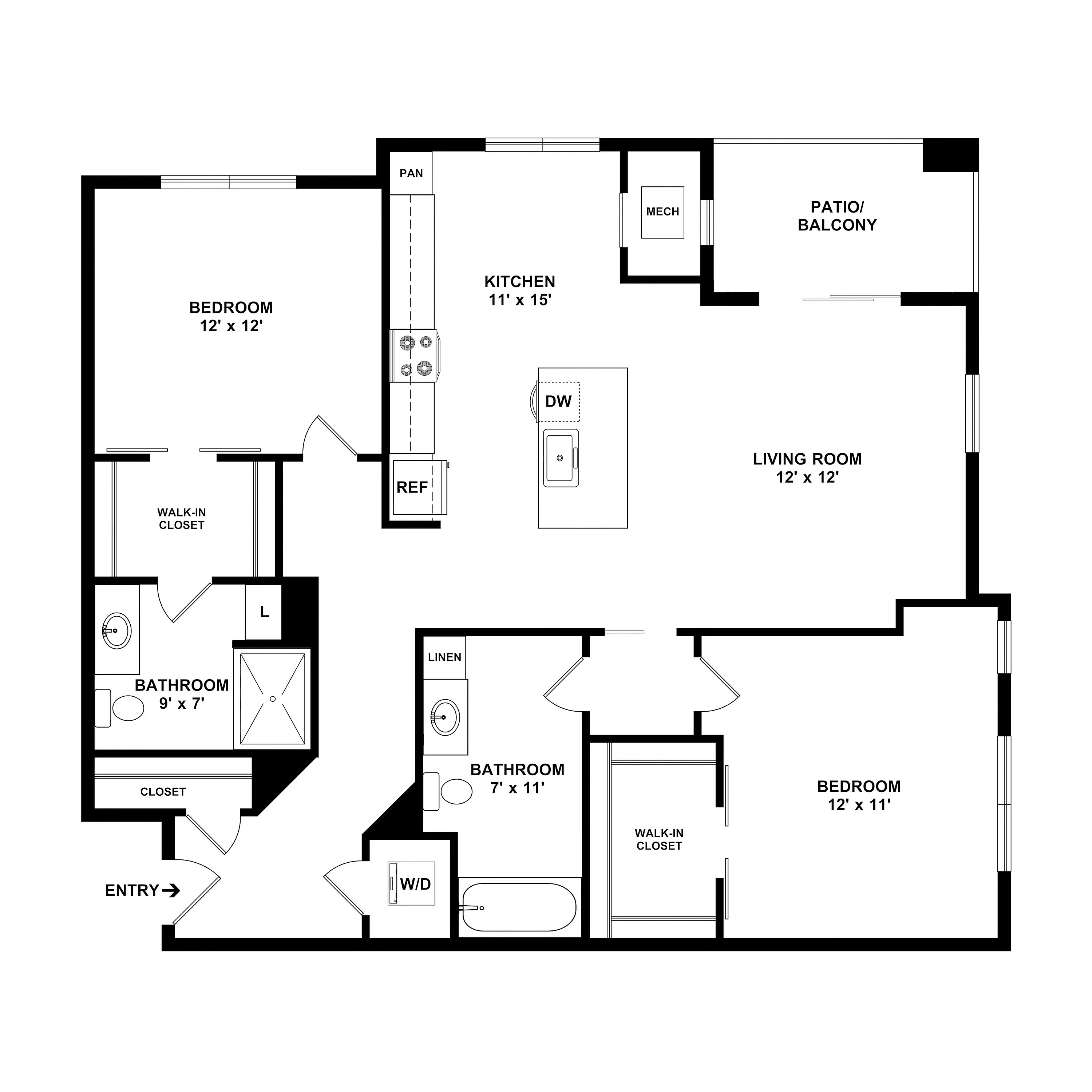 Modern apartment floor plan featuring 2 spacious bedrooms with walk-in closets, an open-concept kitchen and living room, and a cozy patio/balcony.