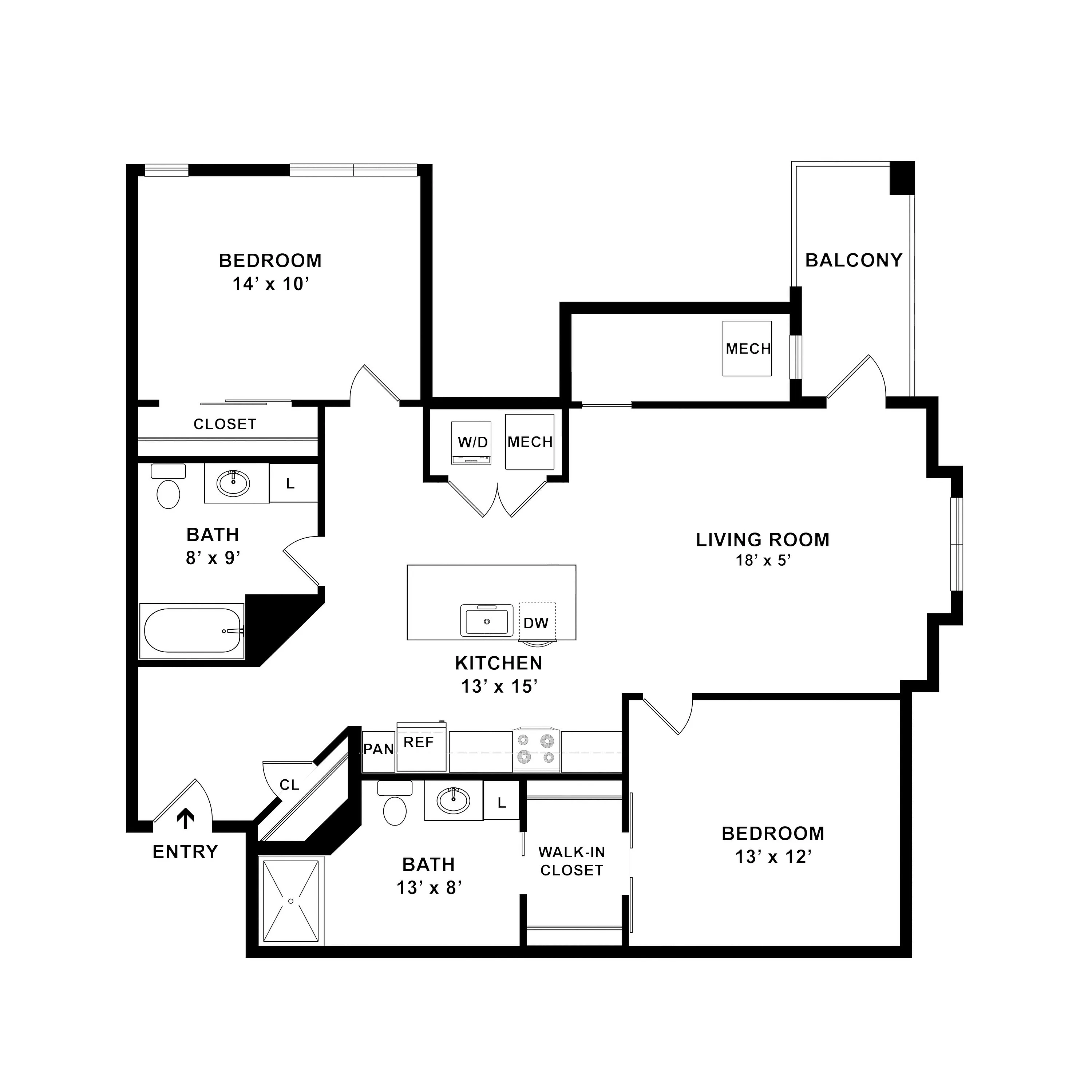Elegant floor plan showcasing a spacious layout with 2 bedrooms, 2 bathrooms, an expansive living room, modern kitchen, and a delightful balcony.