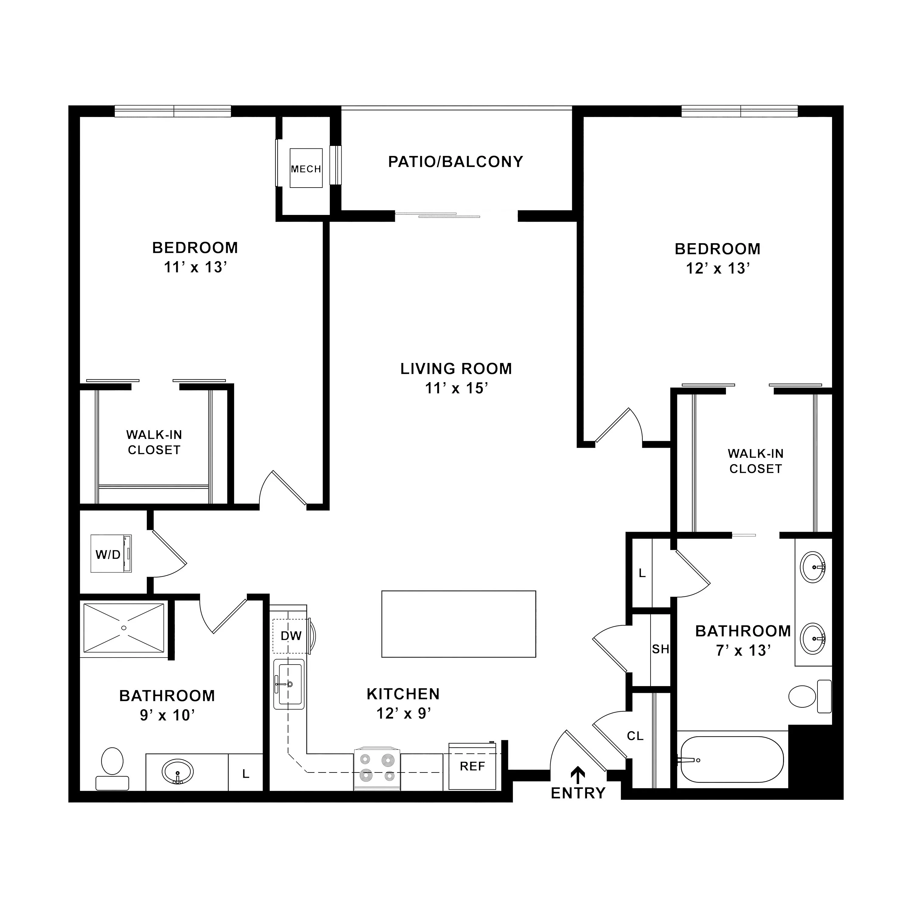 Modern floor plan featuring 2 spacious bedrooms with walk-in closets, an open living room, a stylish kitchen, and private patio area.