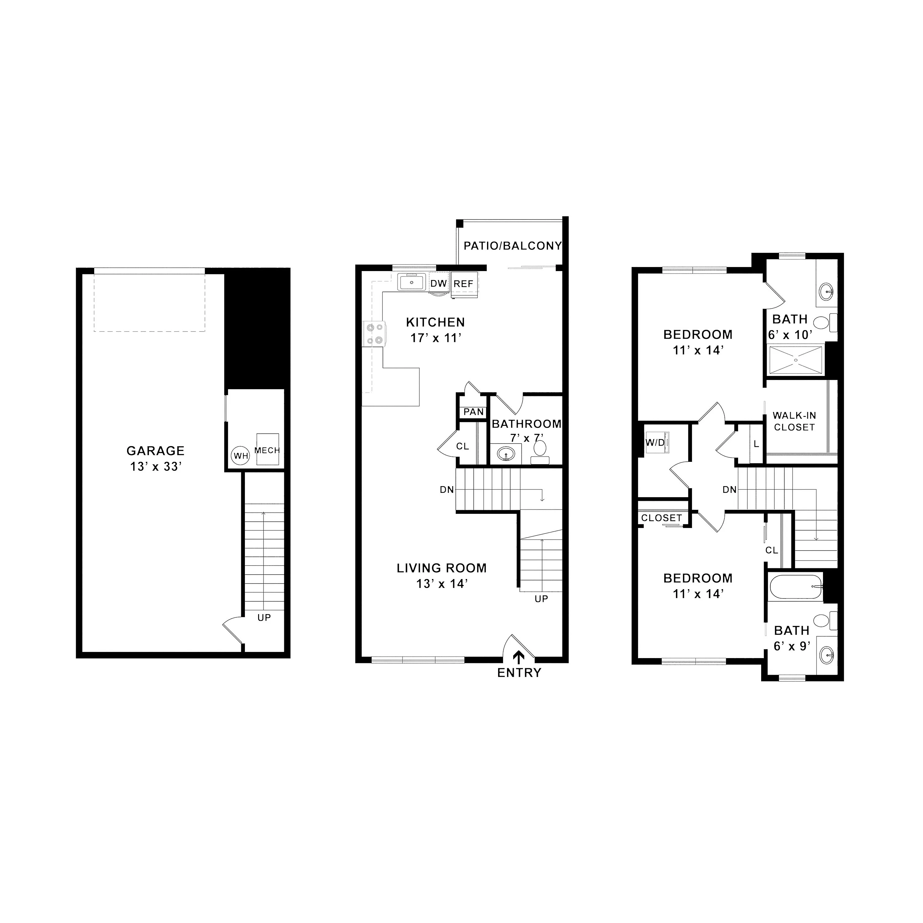 Charming three-story floor plan with spacious garage, modern kitchen, and two elegant bedrooms, featuring a cozy living room and inviting patio balcony.