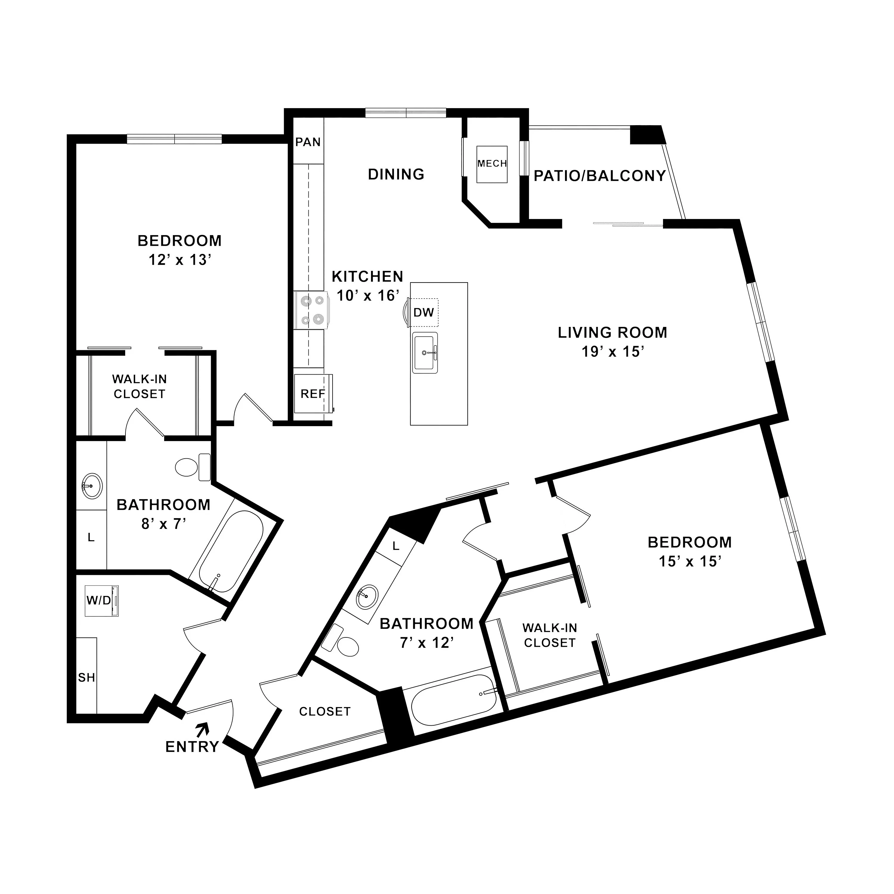 Modern apartment floor plan featuring 2 spacious bedrooms, an expansive living room, open kitchen with dining area, two bathrooms, and a private patio/balcony. Includes walk-in closets and convenient laundry space.