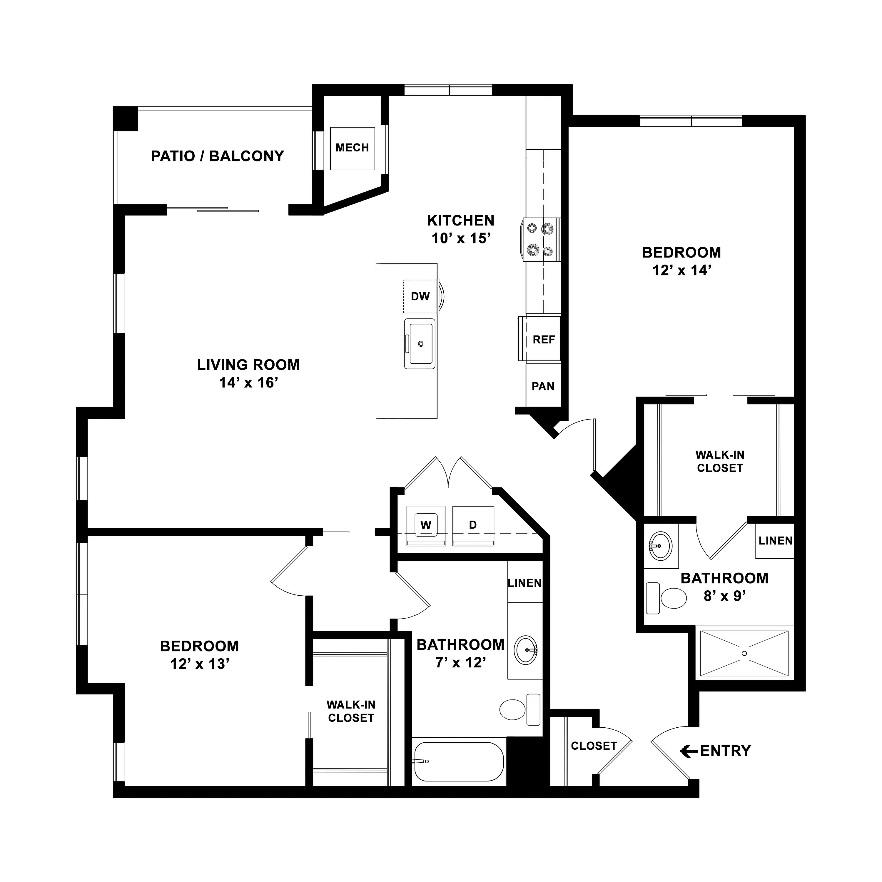 Elegant floor plan showcasing 2 bedrooms with walk-in closets, spacious living room, modern kitchen with island, and balcony access.