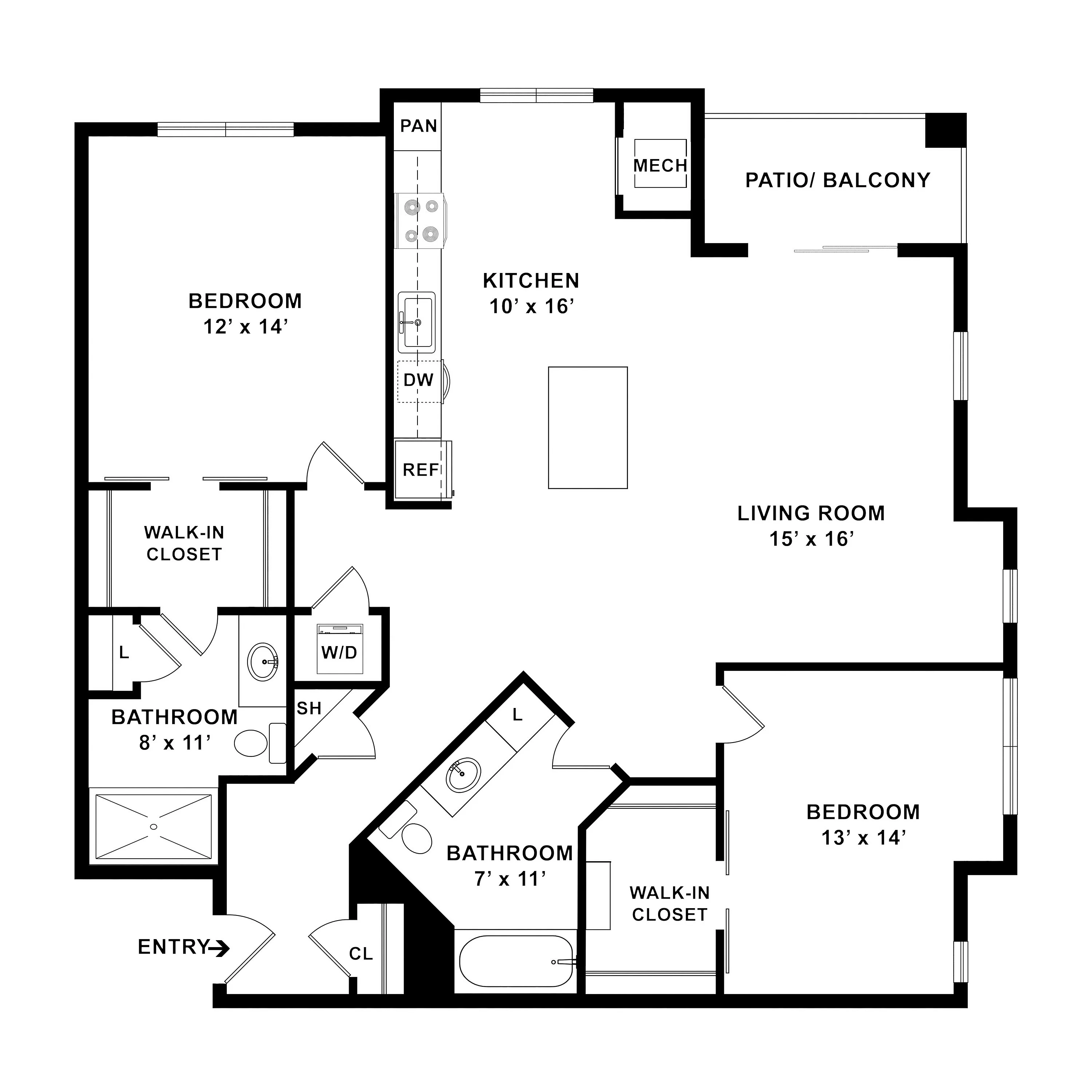Modern floor plan showcasing 2 spacious bedrooms, a contemporary kitchen, and an inviting living room with access to a patio. Features include walk-in closets, 2 bathrooms, and a convenient laundry area.