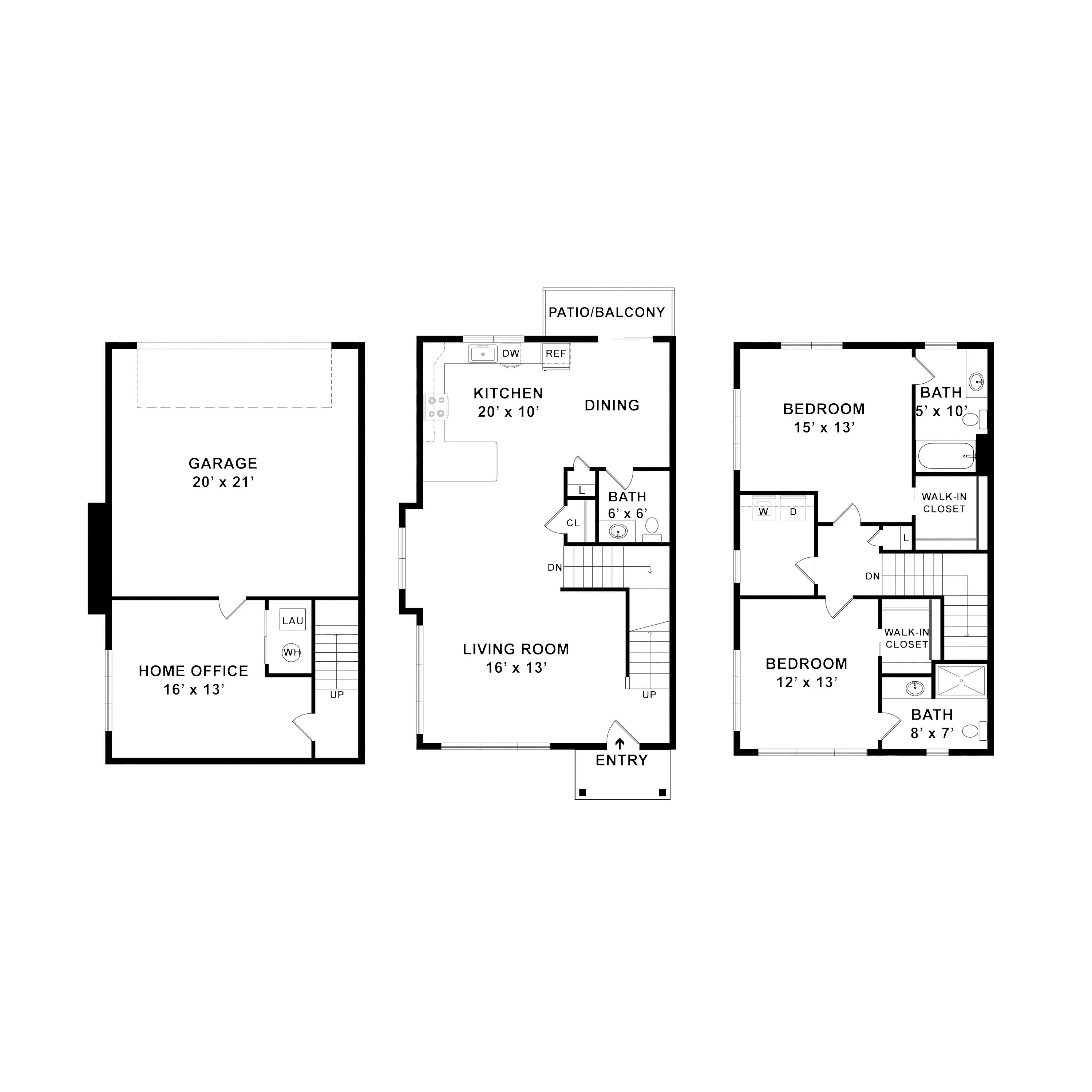 Modern multi-level floor plan featuring a spacious garage, home office, open-concept kitchen and dining area, inviting living room, and two comfortable bedrooms with walk-in closets. Includes three bathrooms and a patio/balcony for outdoor relaxation.