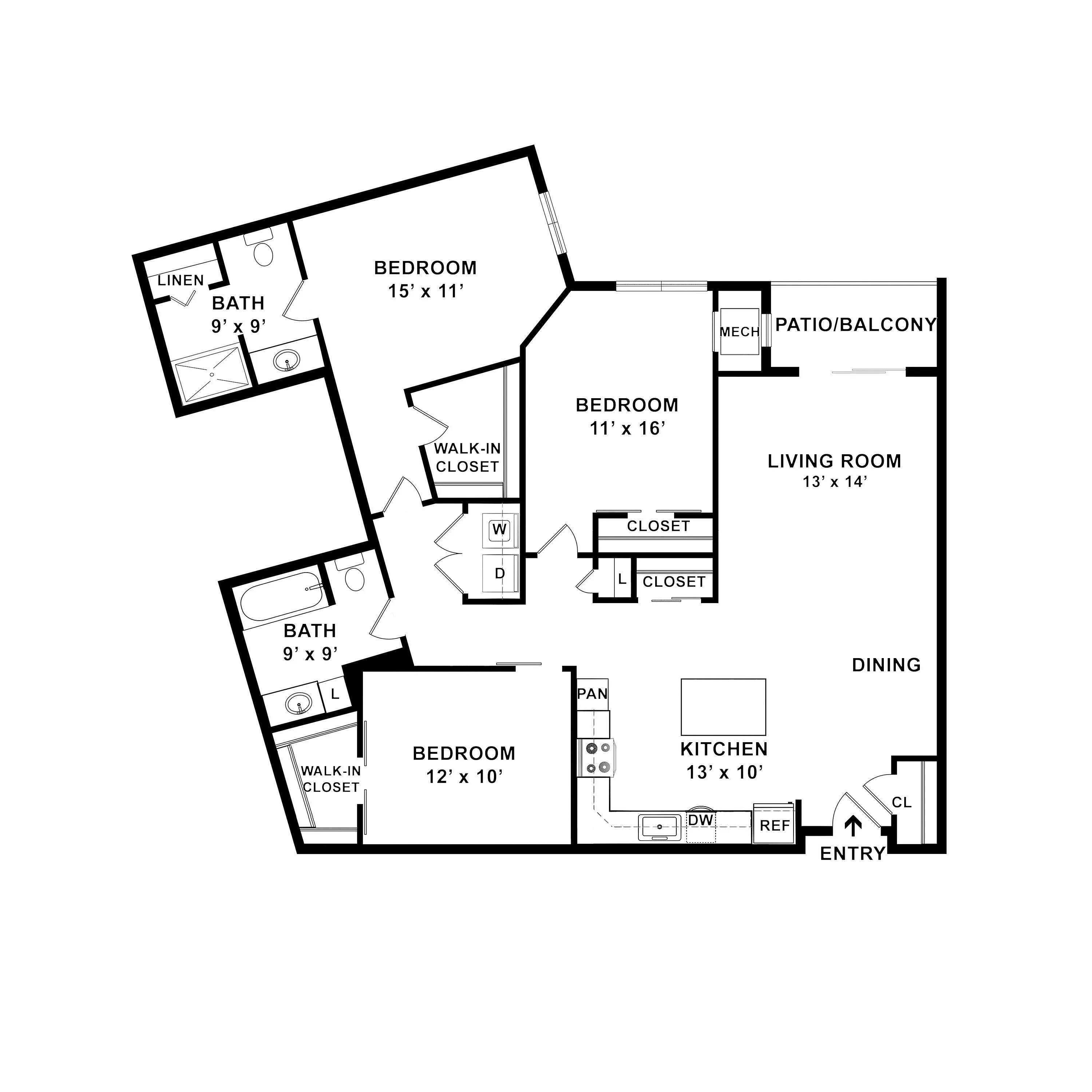 Modern floor plan with 3 spacious bedrooms, open living room, dining area, and stylish kitchen. Includes 2 bathrooms, walk-in closets, and private patio/balcony.