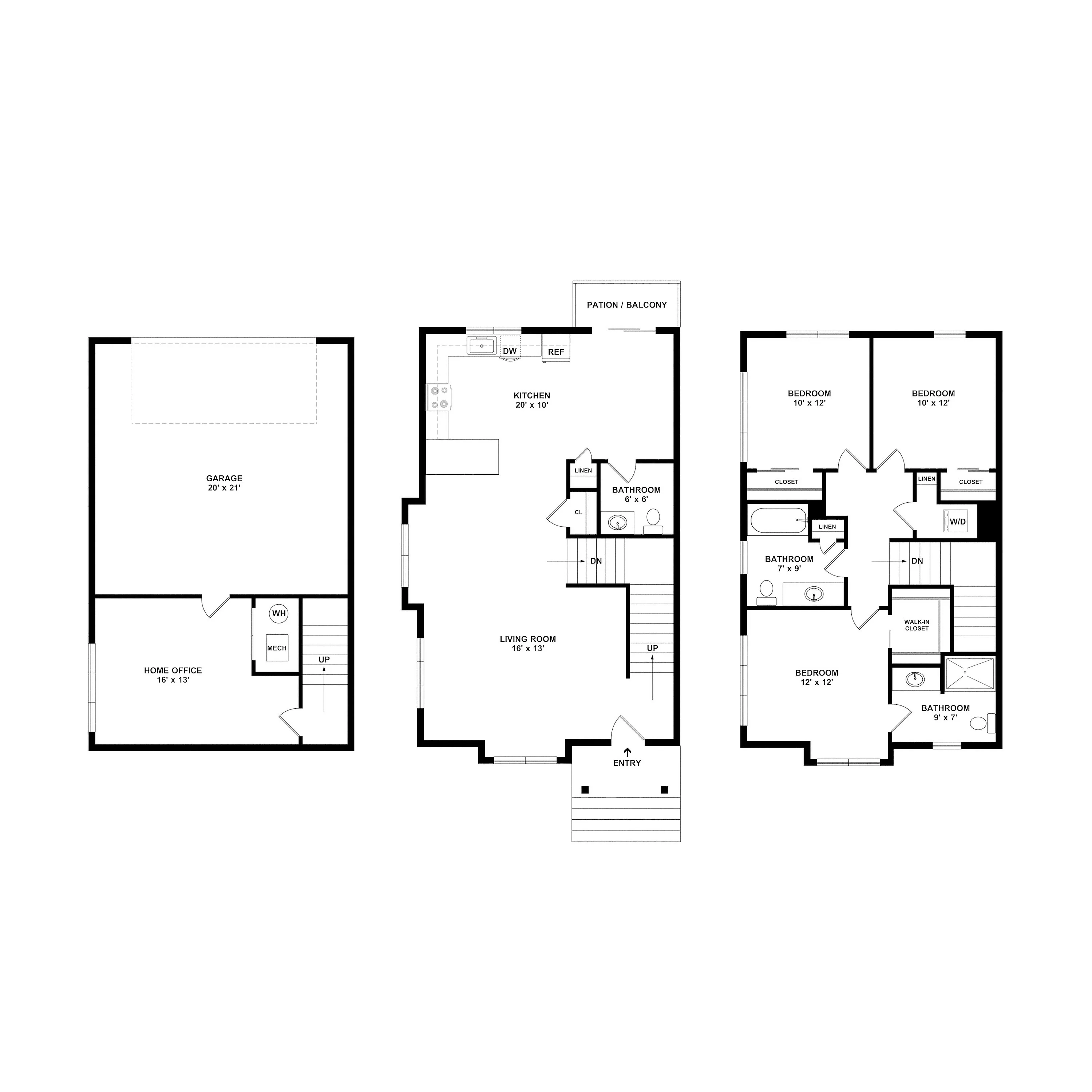 Modern tri-level floor plan featuring three bedrooms, a spacious living room, home office, and a stylish kitchen with a patio balcony.