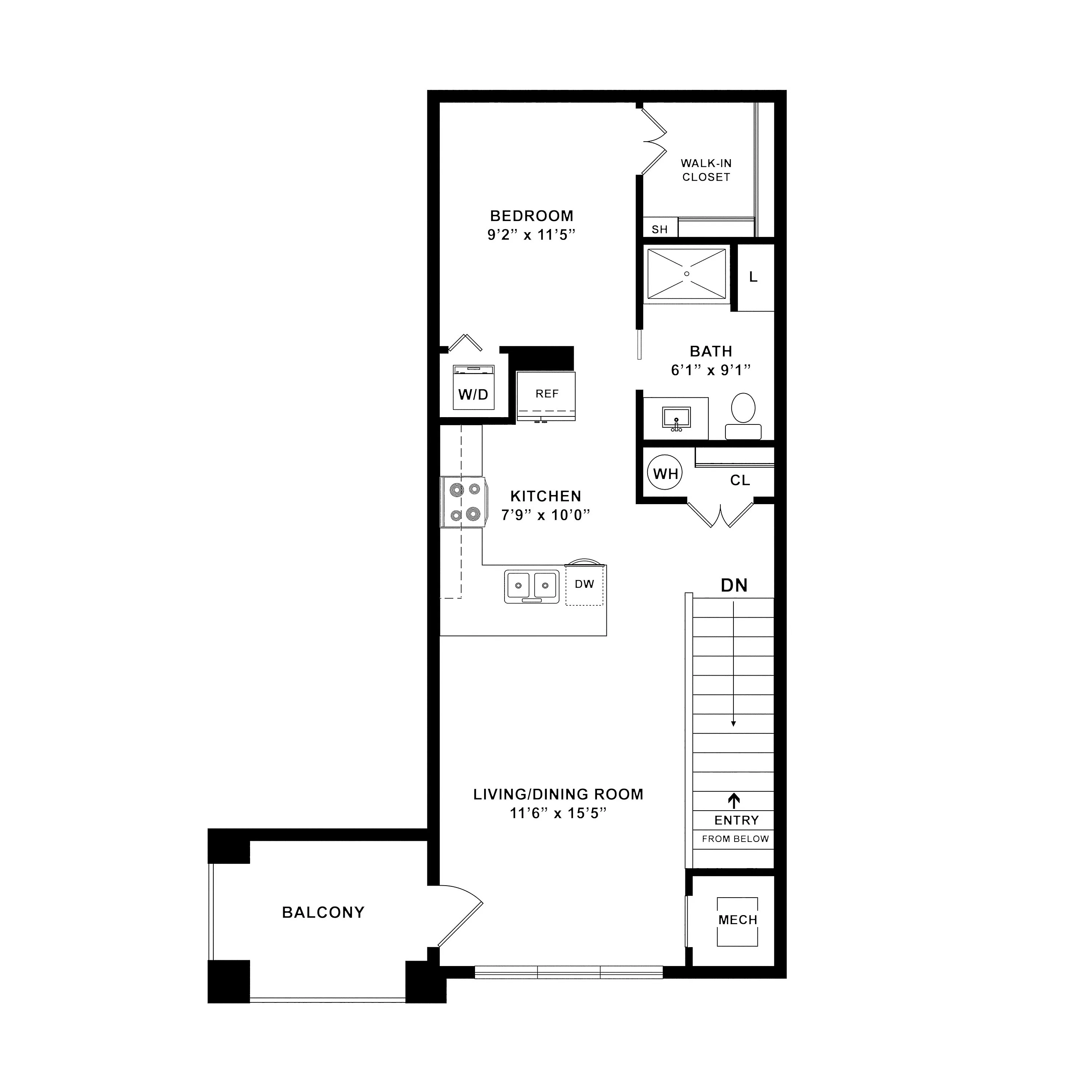 Contemporary floor plan showcasing a stylish 1-bedroom apartment with a spacious living/dining room, modern kitchen, walk-in closet, and a private balcony.
