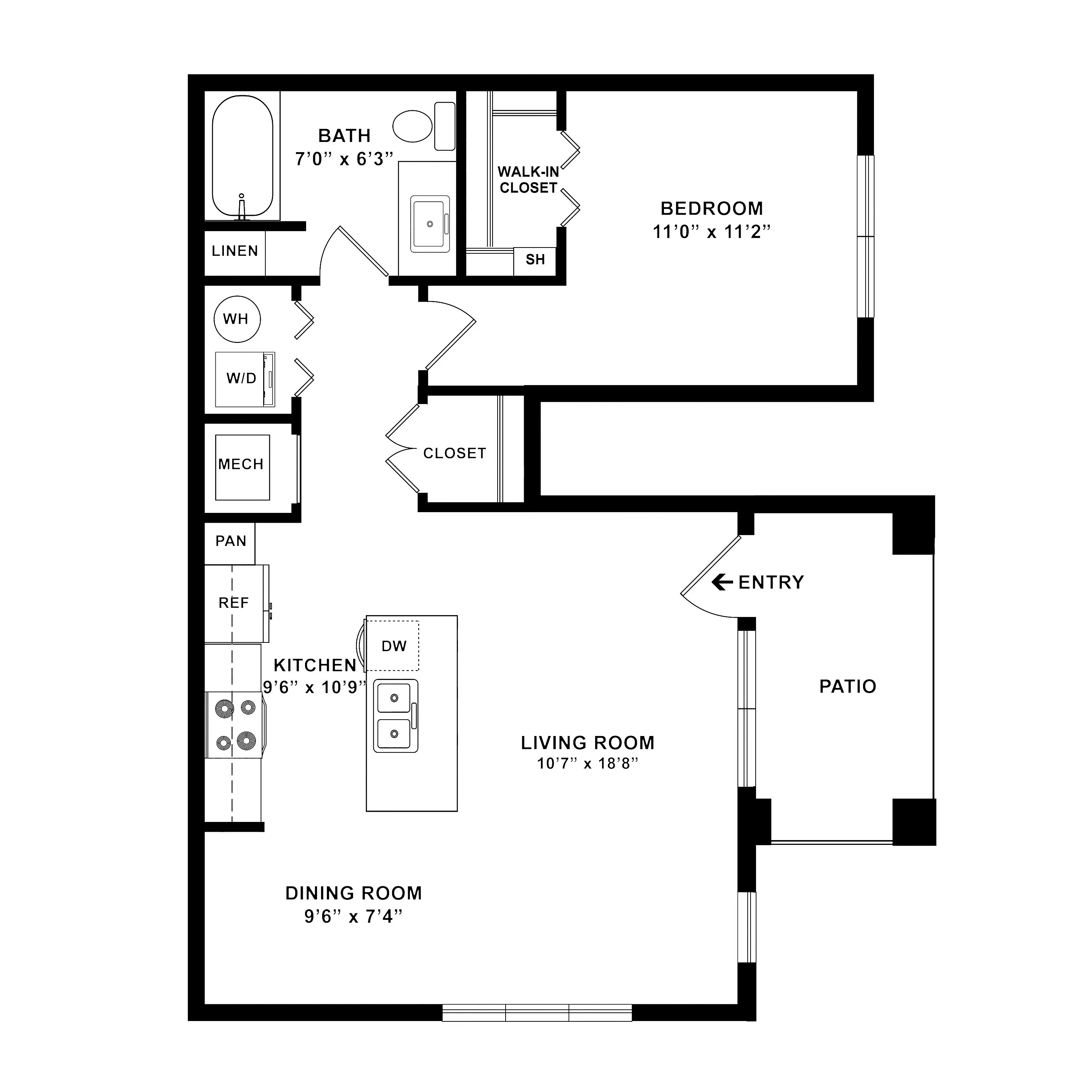 Elegant floor plan showcasing a single bedroom with walk-in closet, spacious living room, modern kitchen and dining area, complemented by a charming patio.