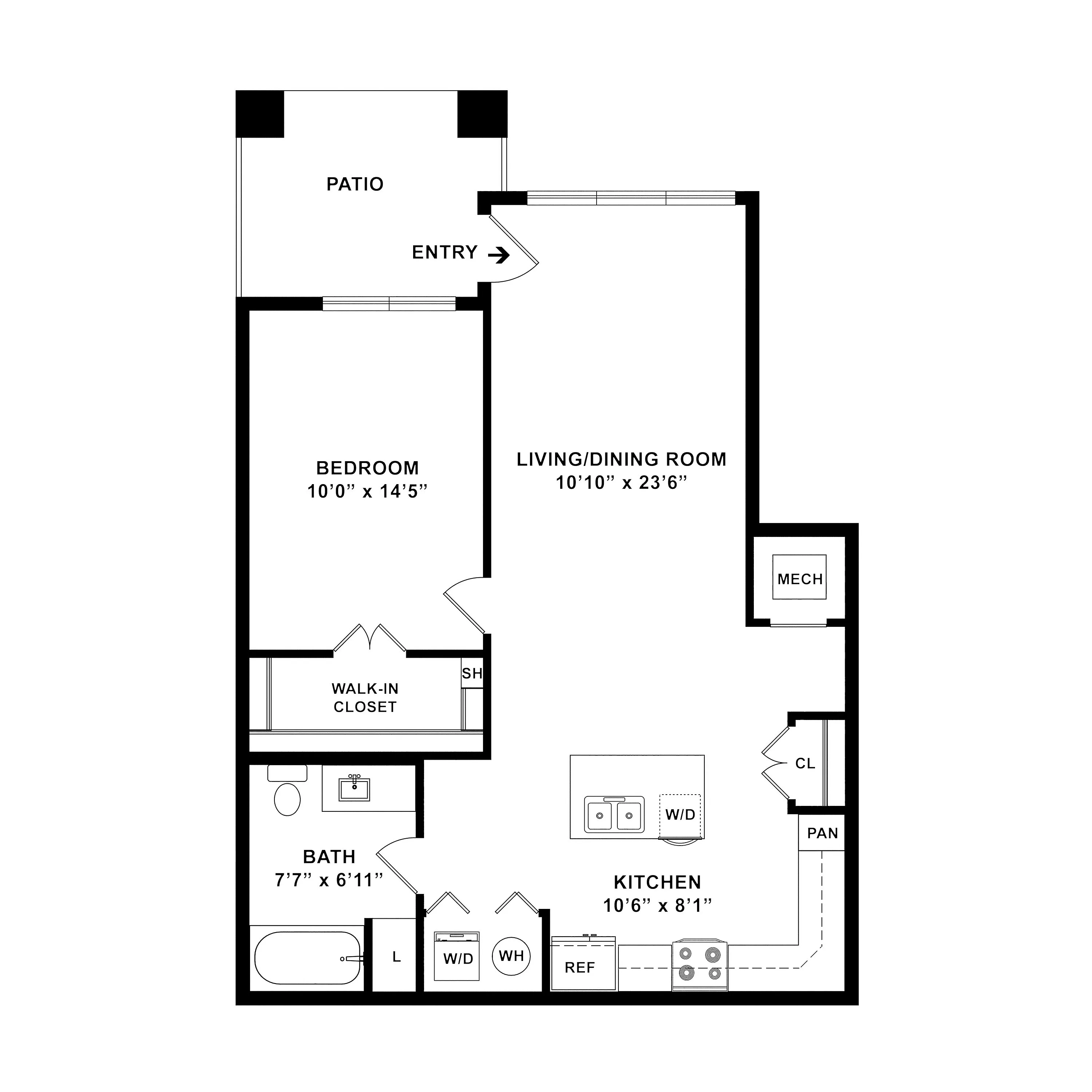 Modern floor plan showcasing a spacious bedroom with walk-in closet, open living/dining area, and well-equipped kitchen. Features include a patio and elegant bathroom.